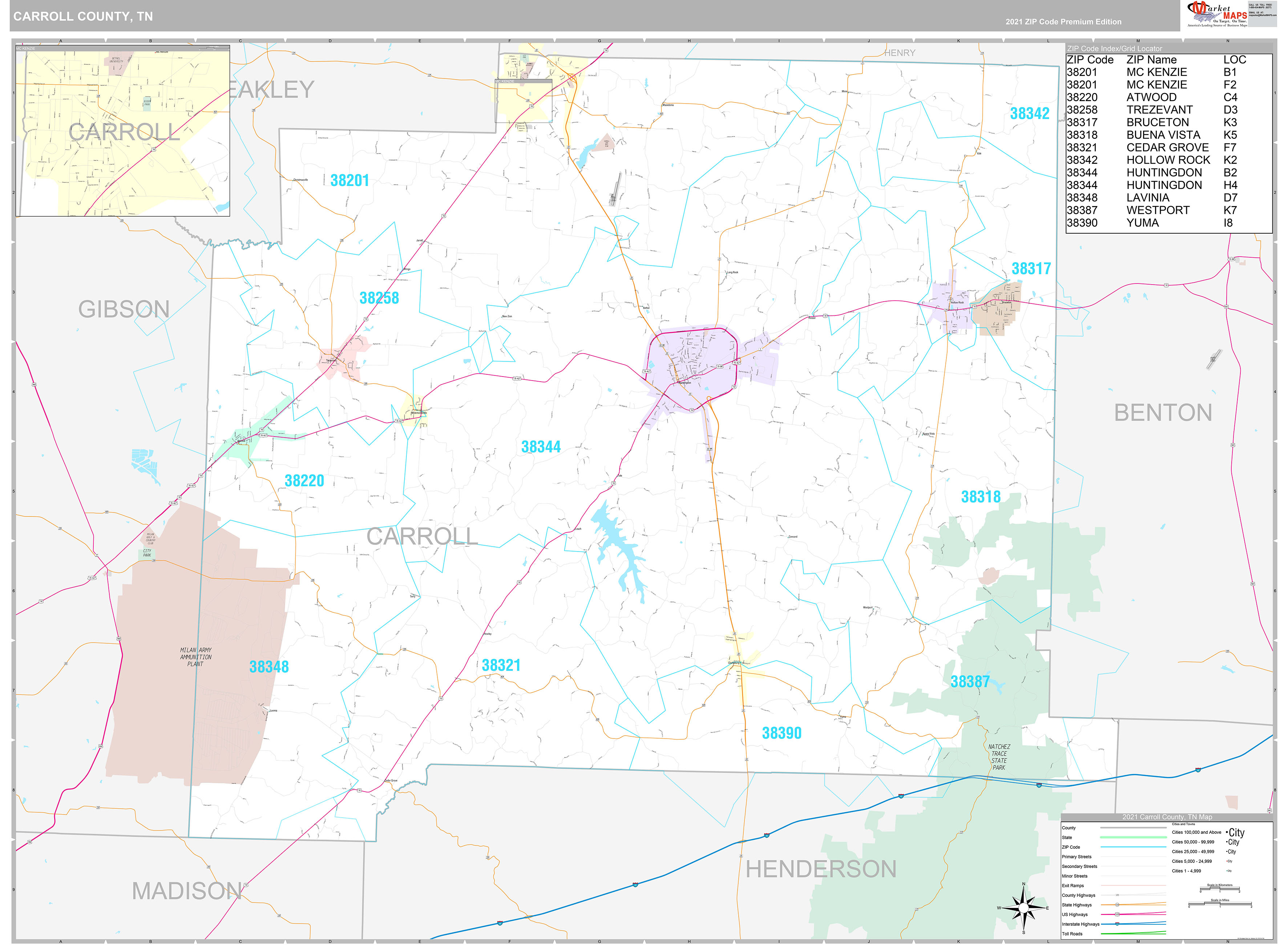 Carroll County, TN Wall Map Premium Style by MarketMAPS MapSales