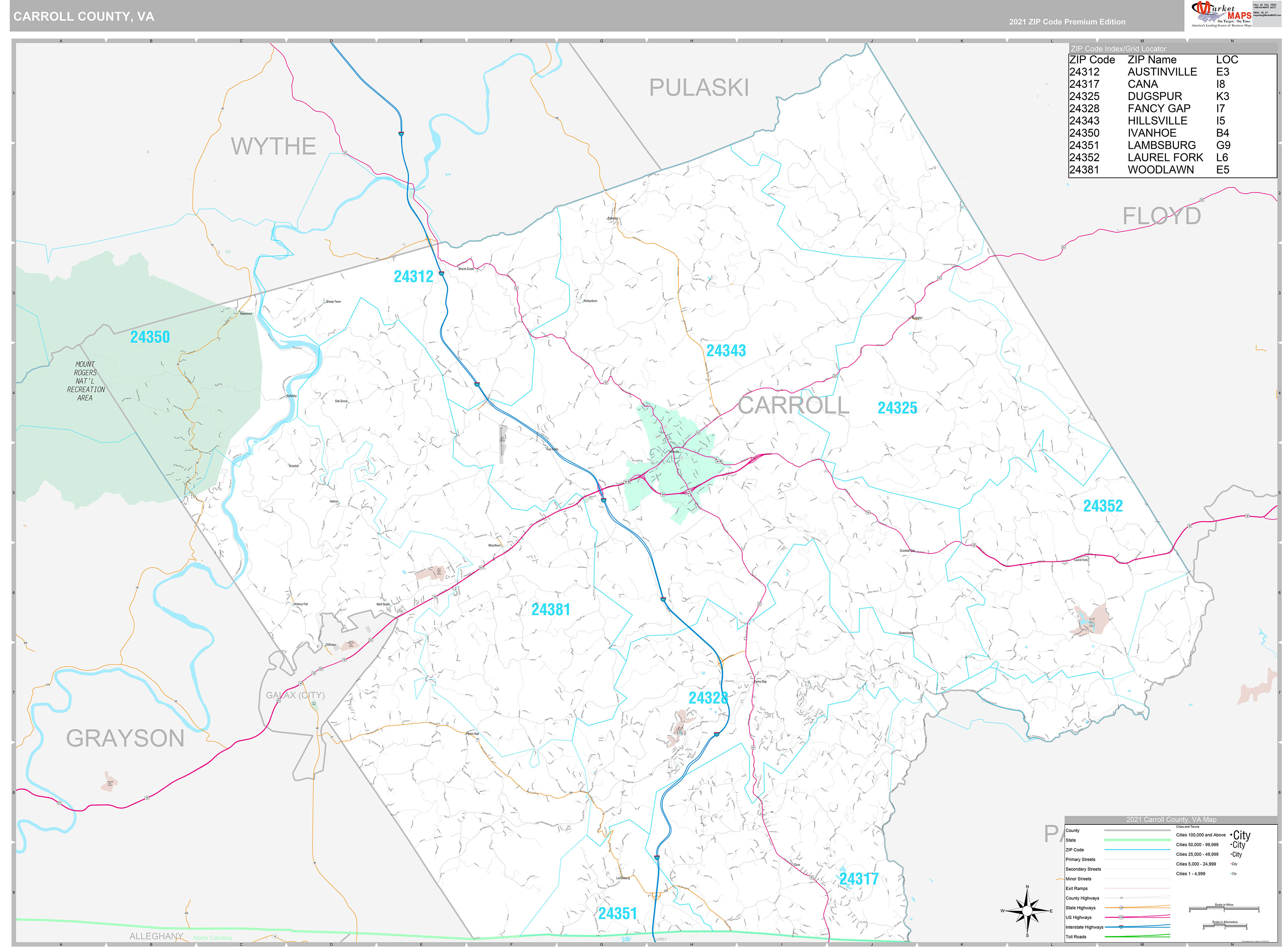 Carroll County, VA Wall Map Premium Style by MarketMAPS - MapSales