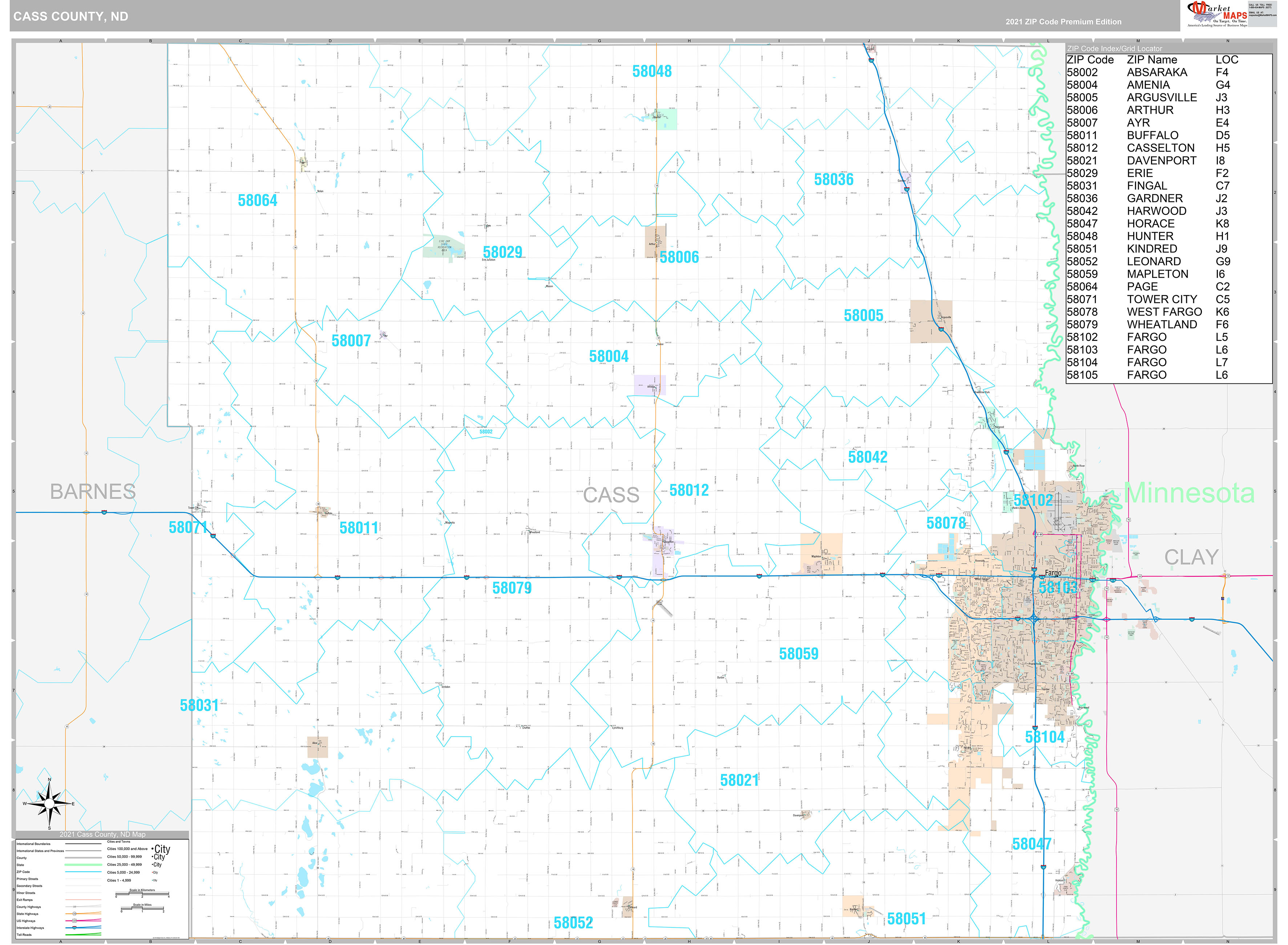 Cass County, ND Wall Map Premium Style by MarketMAPS