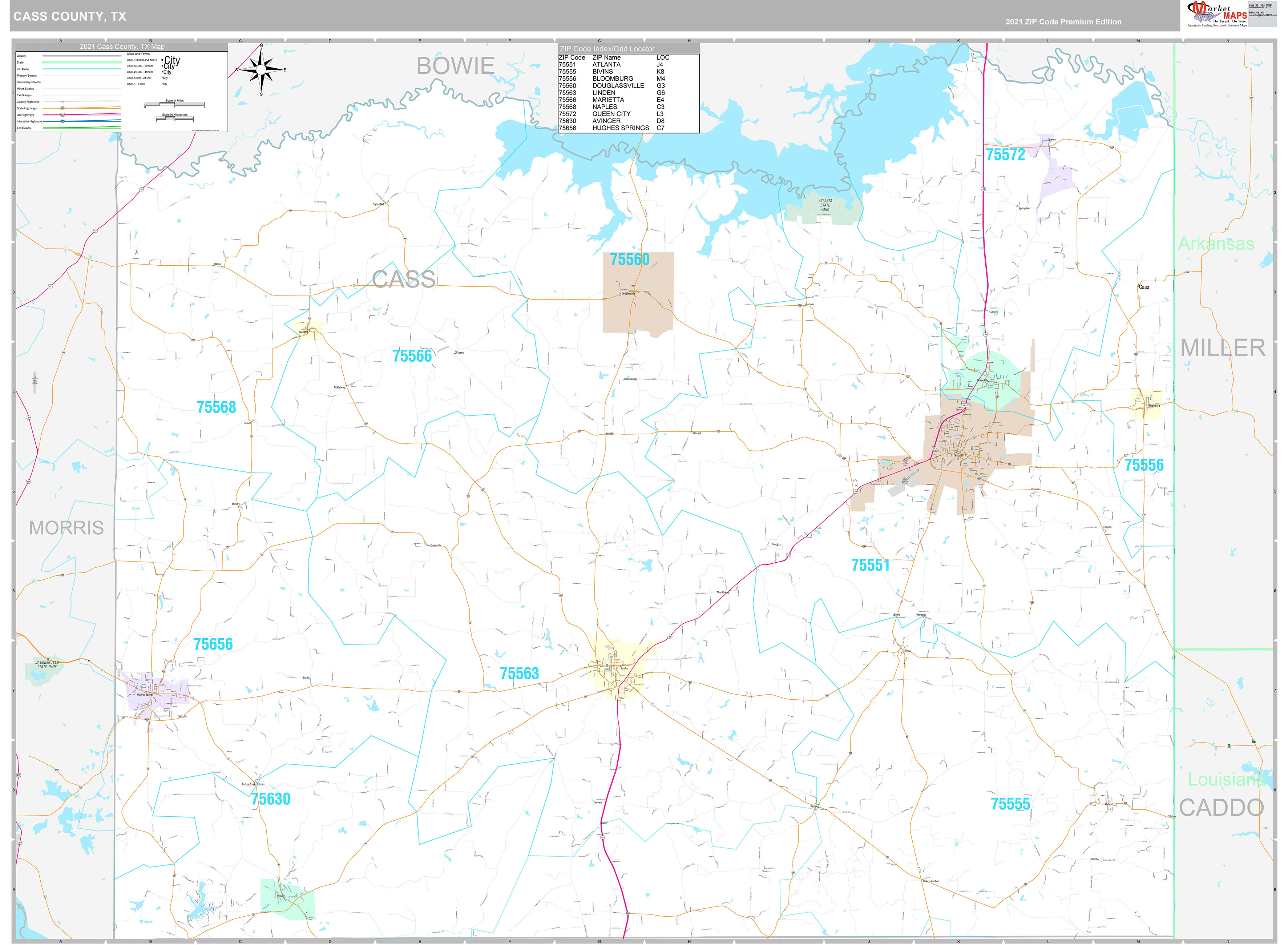 Cass County, TX Wall Map Premium Style by MarketMAPS