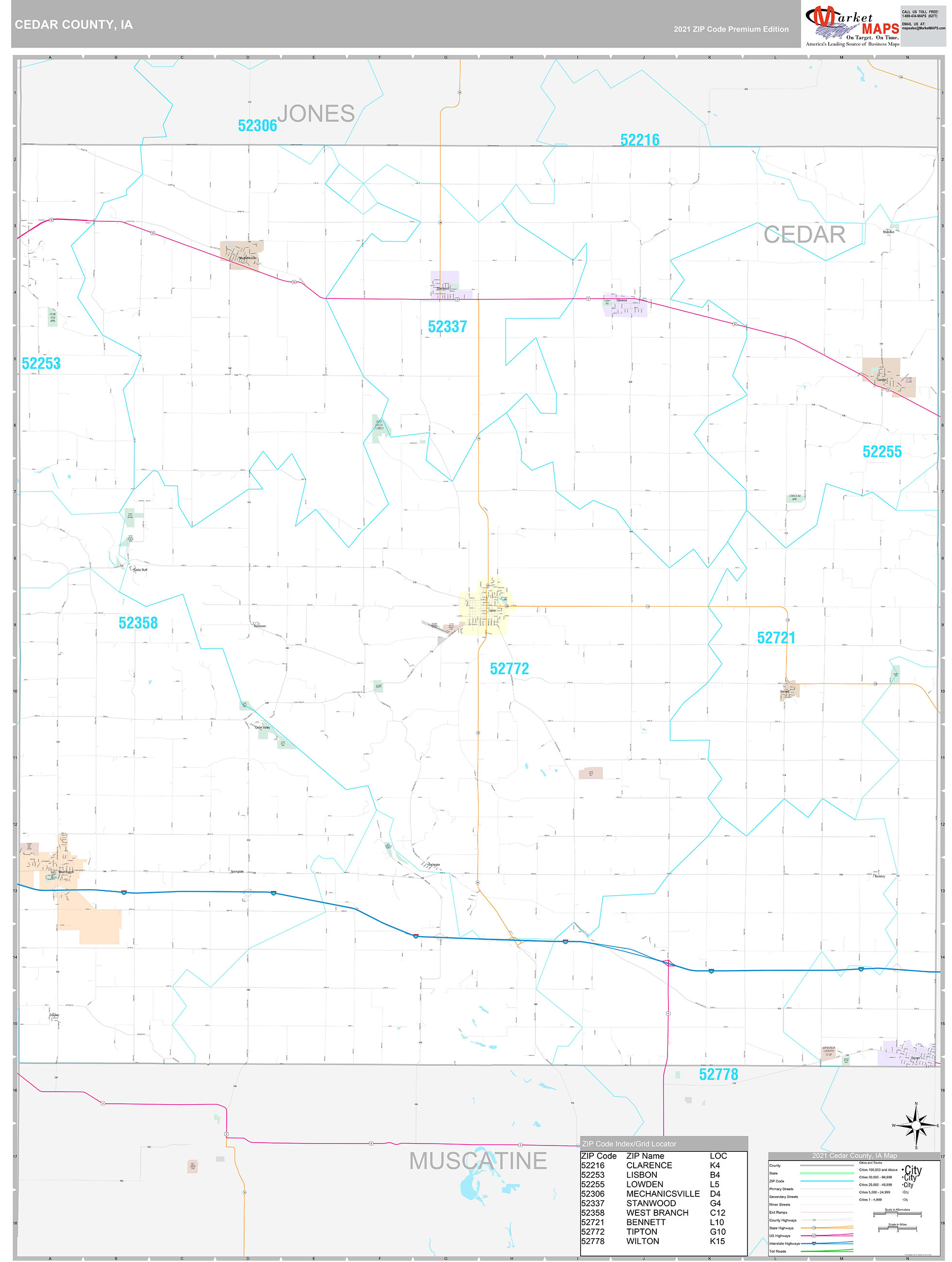 Cedar County Ia Wall Map Premium Style By Marketmaps 7010