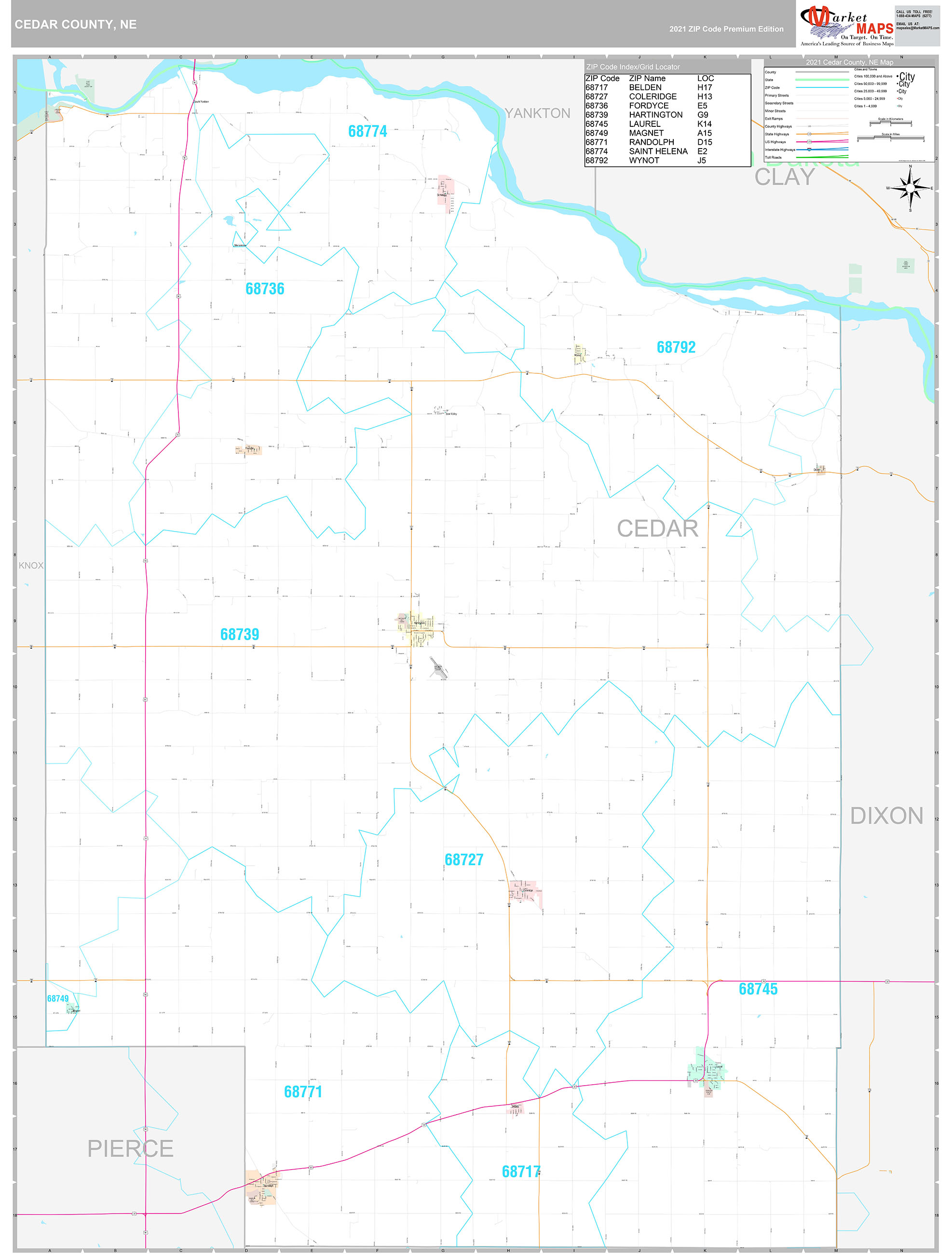 Cedar County NE Wall Map Premium Style by MarketMAPS MapSales