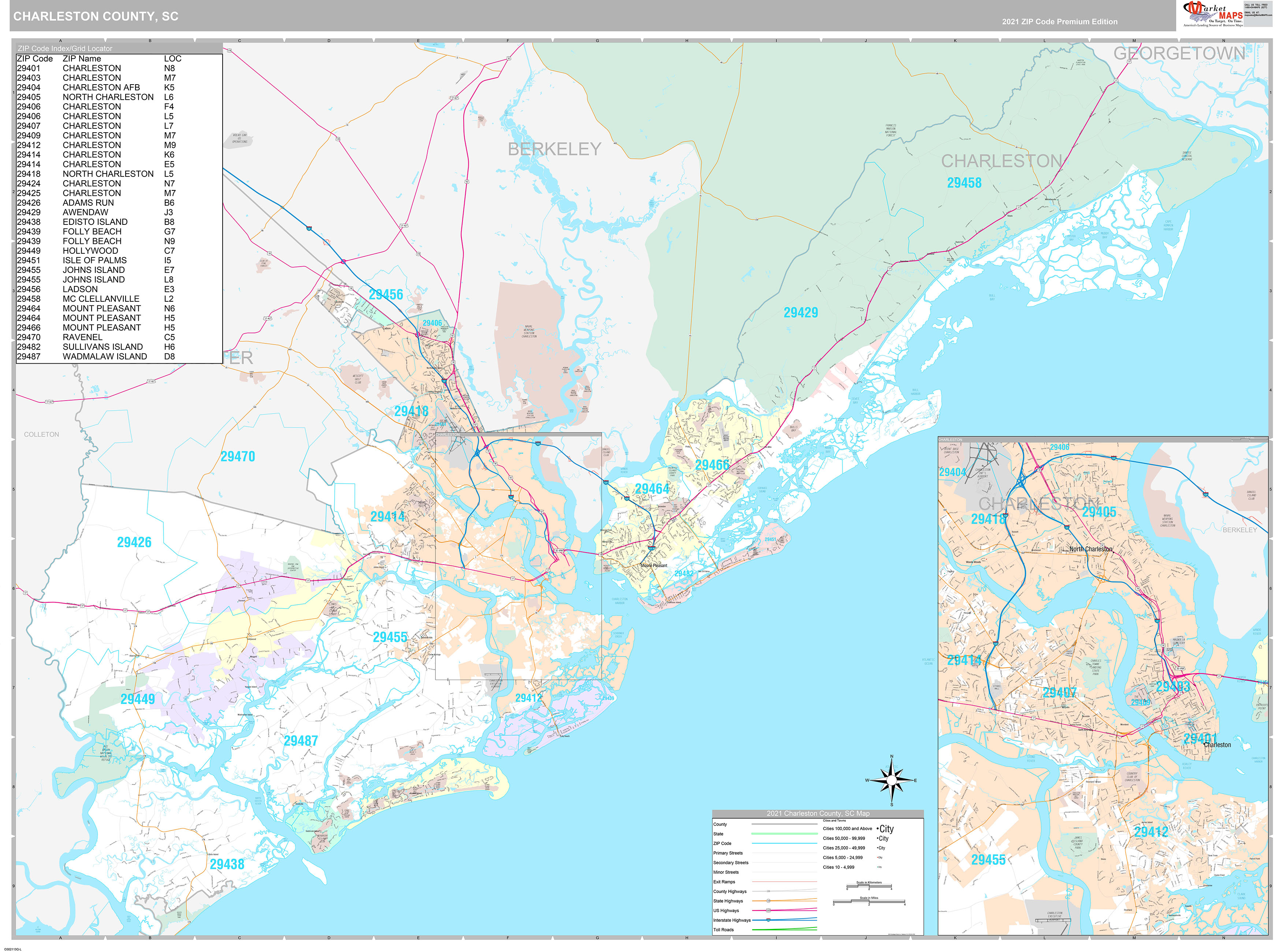 Charleston County, SC Wall Map Premium Style by MarketMAPS