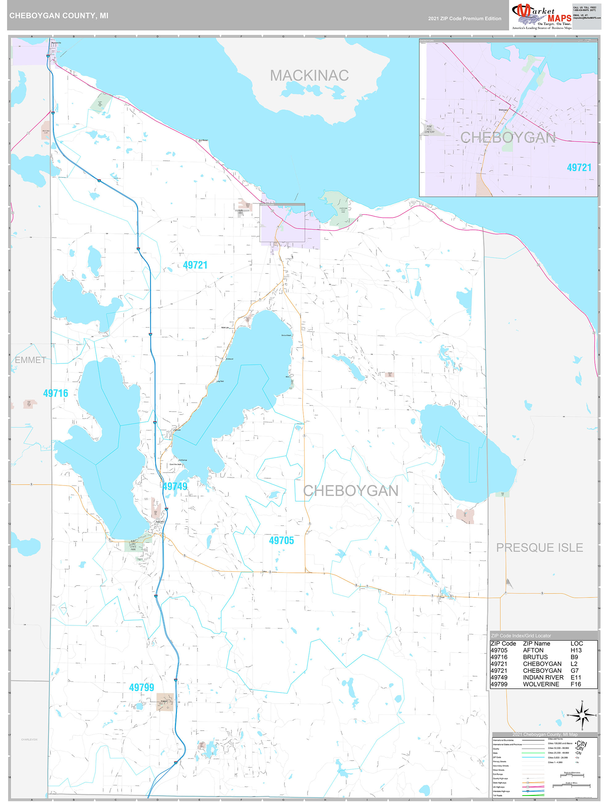 Cheboygan County Mi Wall Map Premium Style By Marketmaps 5244