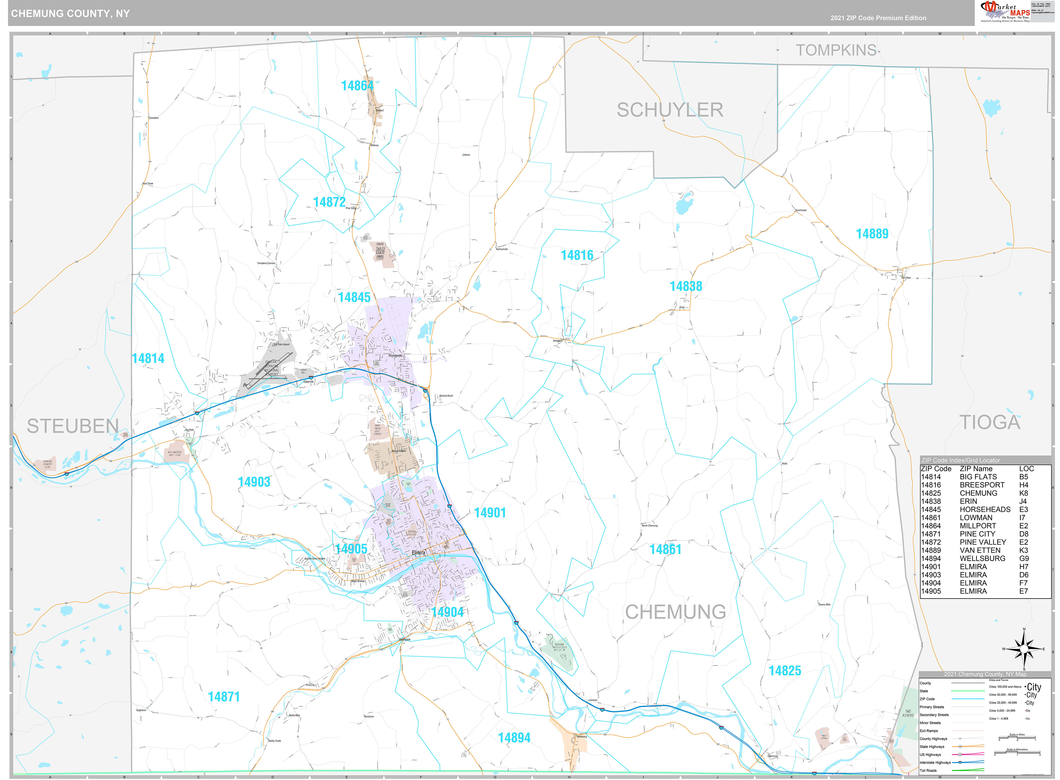 Chemung County, NY Wall Map Premium Style by MarketMAPS - MapSales.com