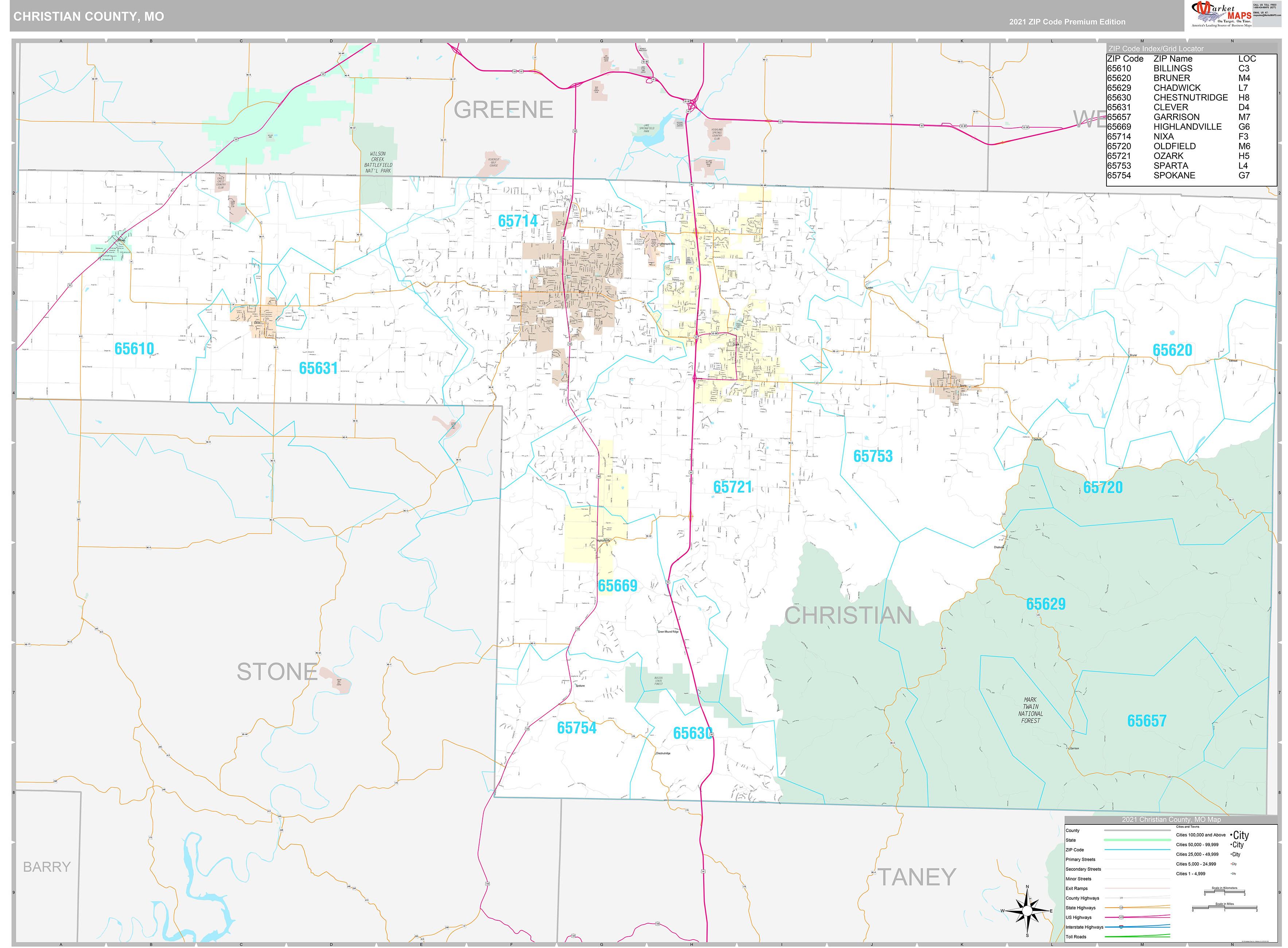 Christian County, MO Wall Map Premium Style by MarketMAPS