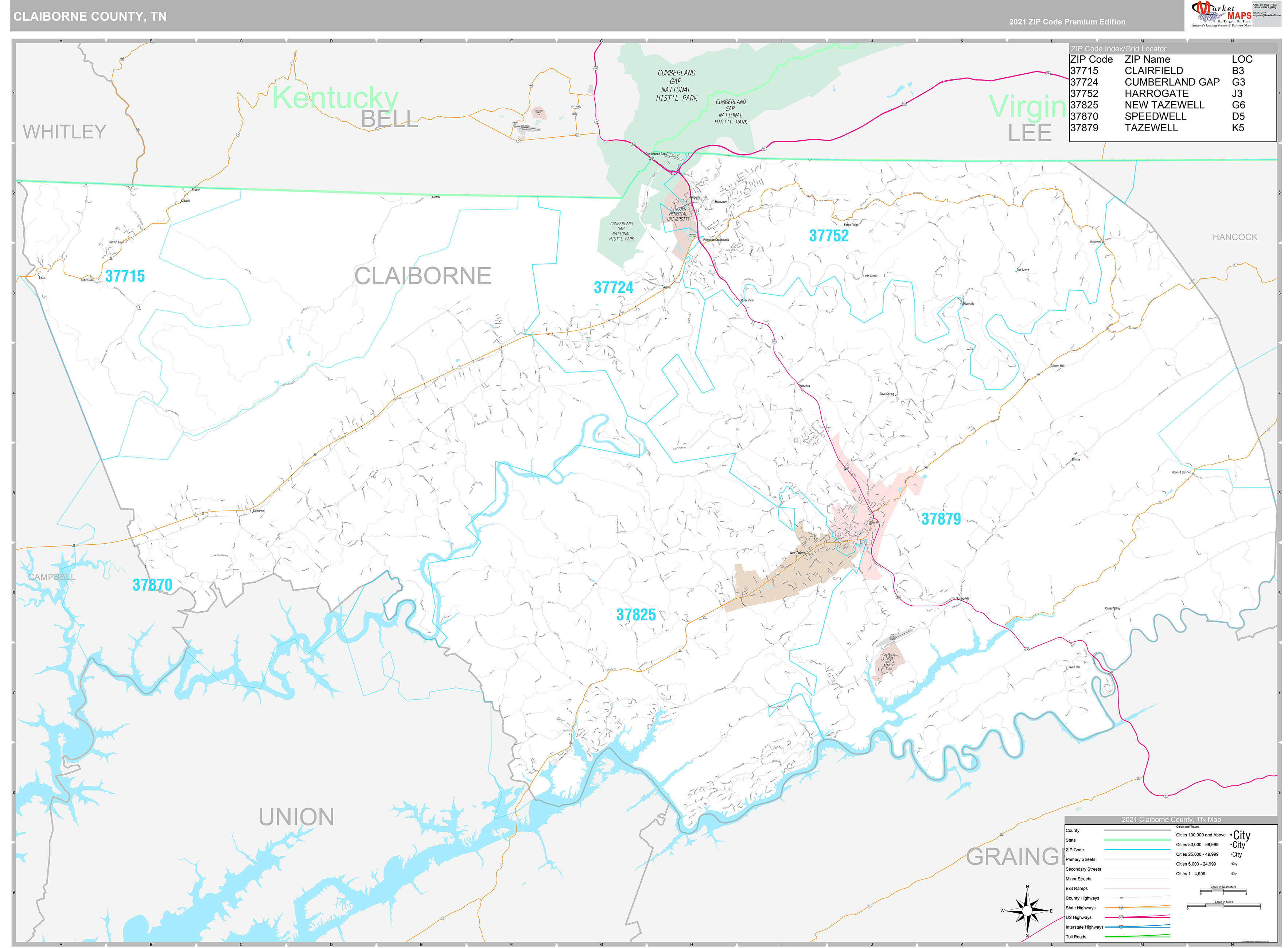 Claiborne County, TN Wall Map Premium Style by MarketMAPS