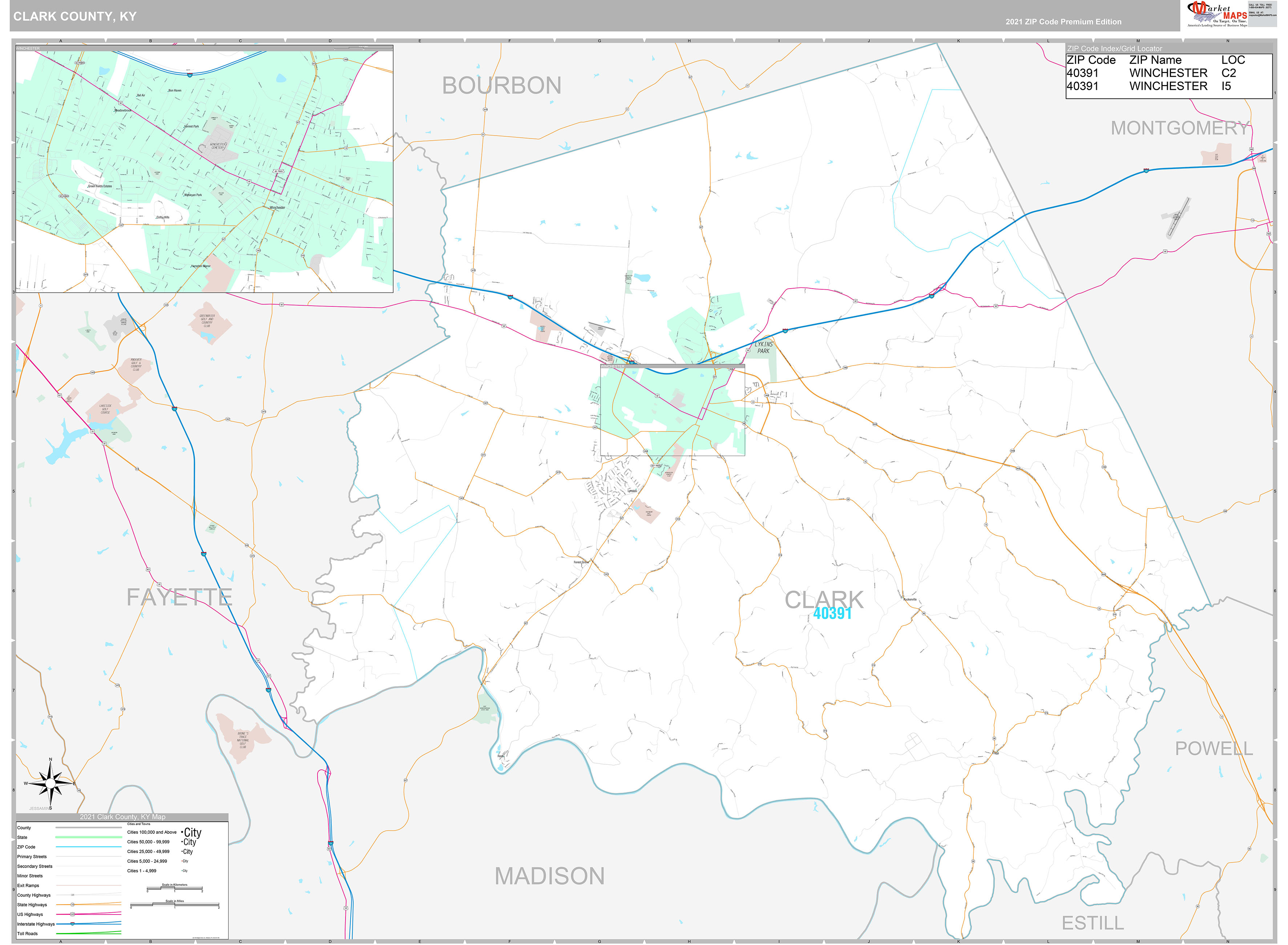 Clark County, KY Wall Map Premium Style by MarketMAPS - MapSales