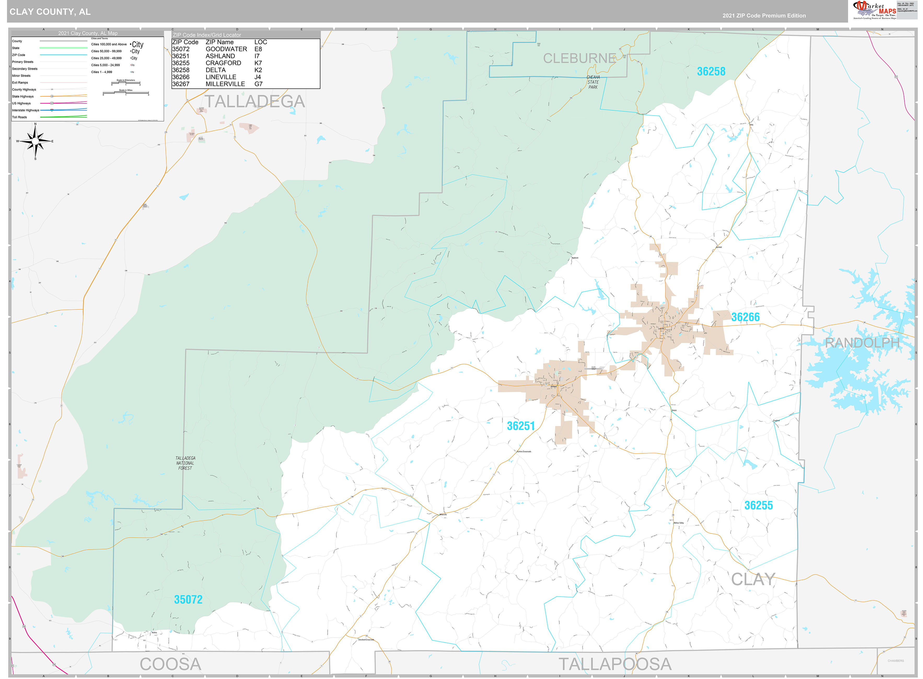 Clay County, AL Wall Map Premium Style by MarketMAPS