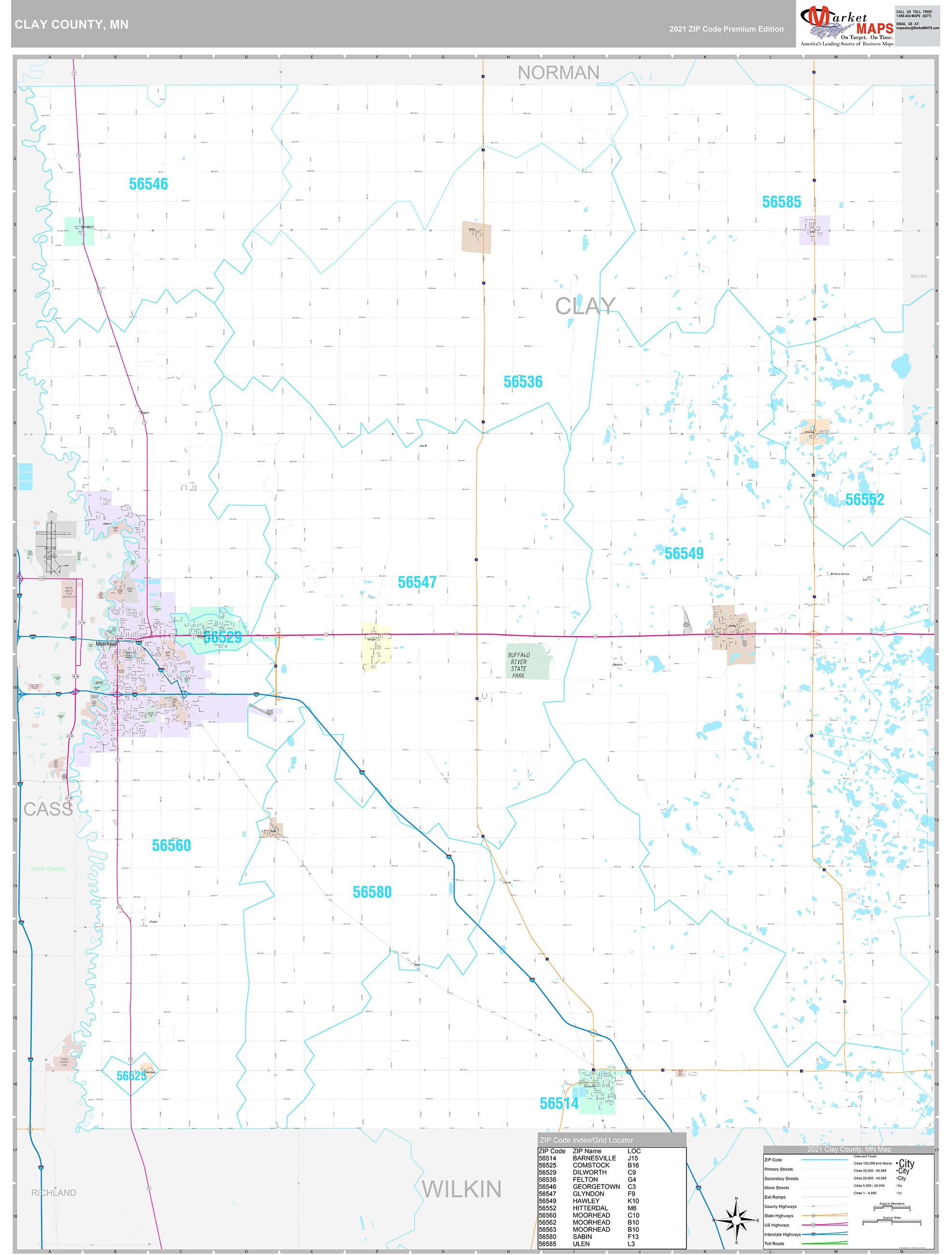 Clay County, MN Wall Map Premium Style by MarketMAPS