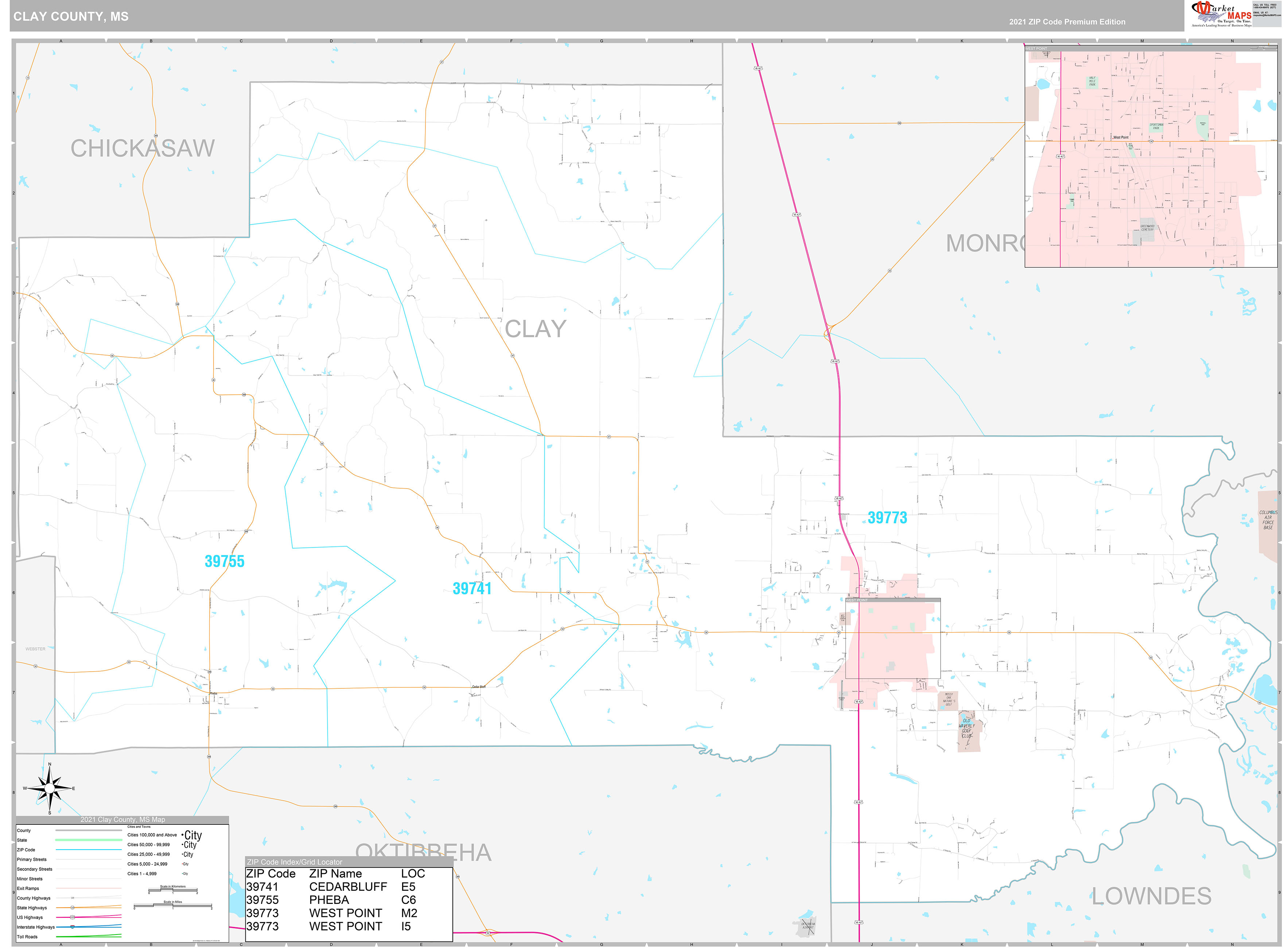 Clay County, MS Wall Map Premium Style by MarketMAPS