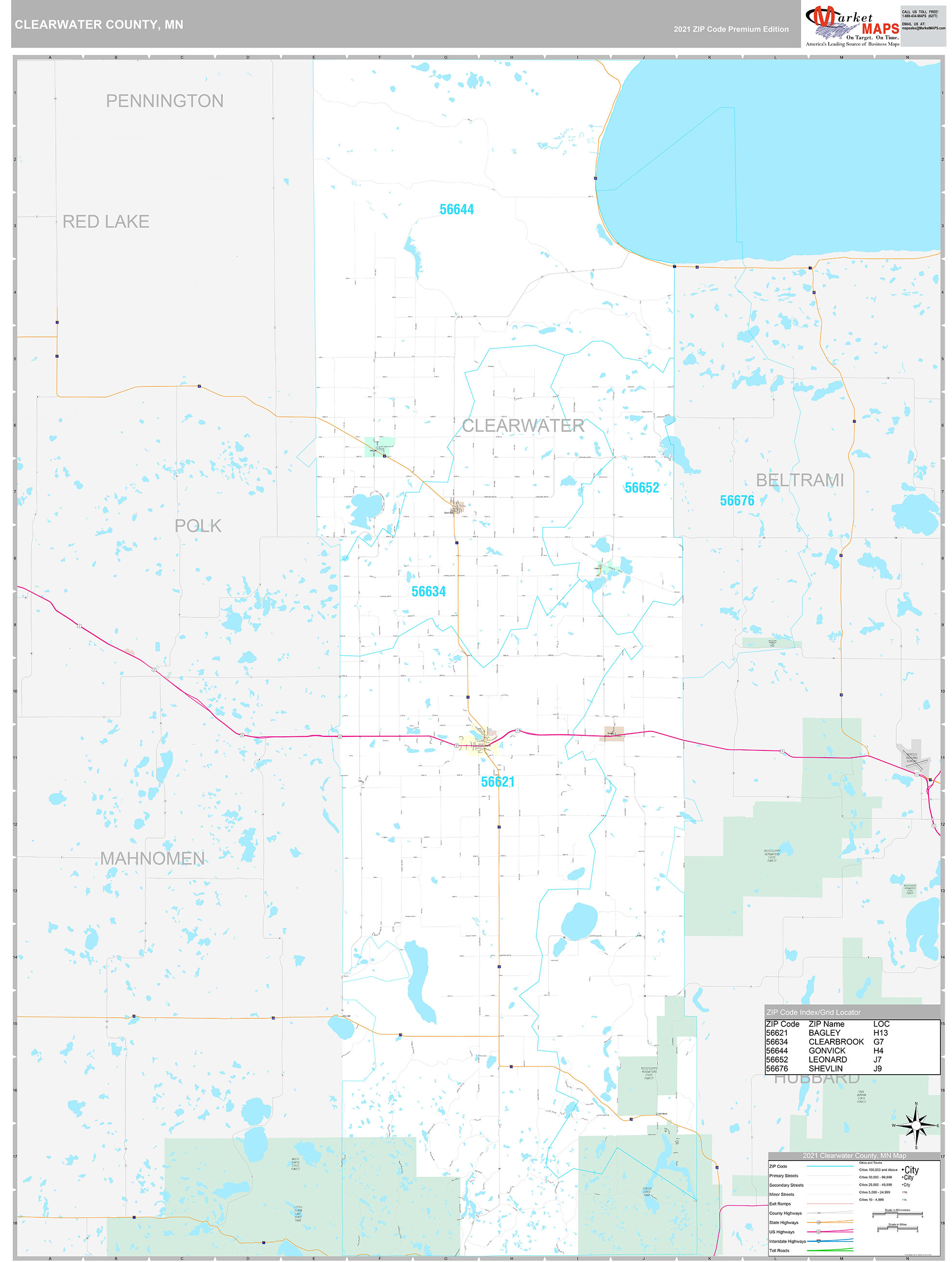 Clearwater County, MN Wall Map Premium Style by MarketMAPS - MapSales.com