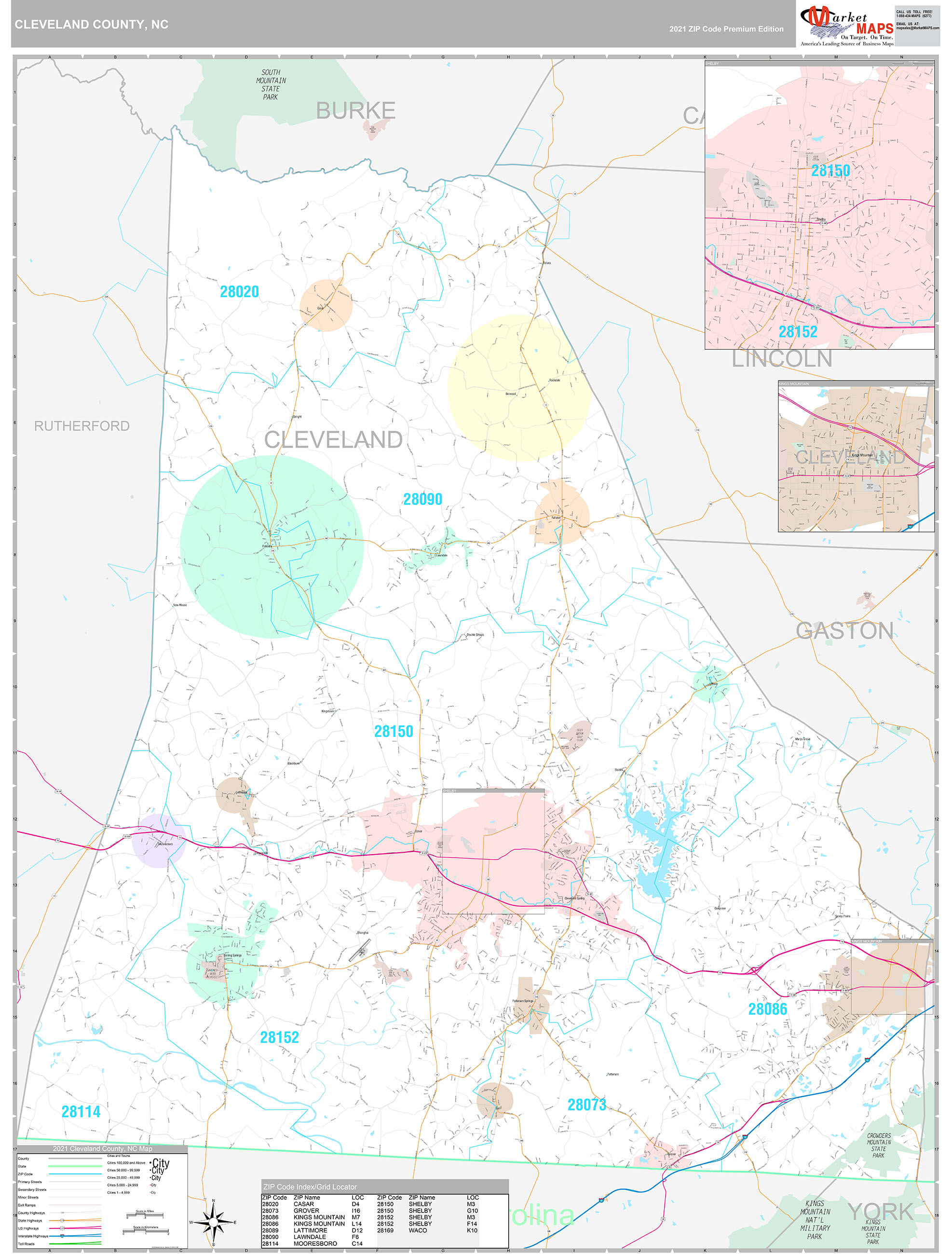 Cleveland County NC Wall Map Premium Style by MarketMAPS MapSales