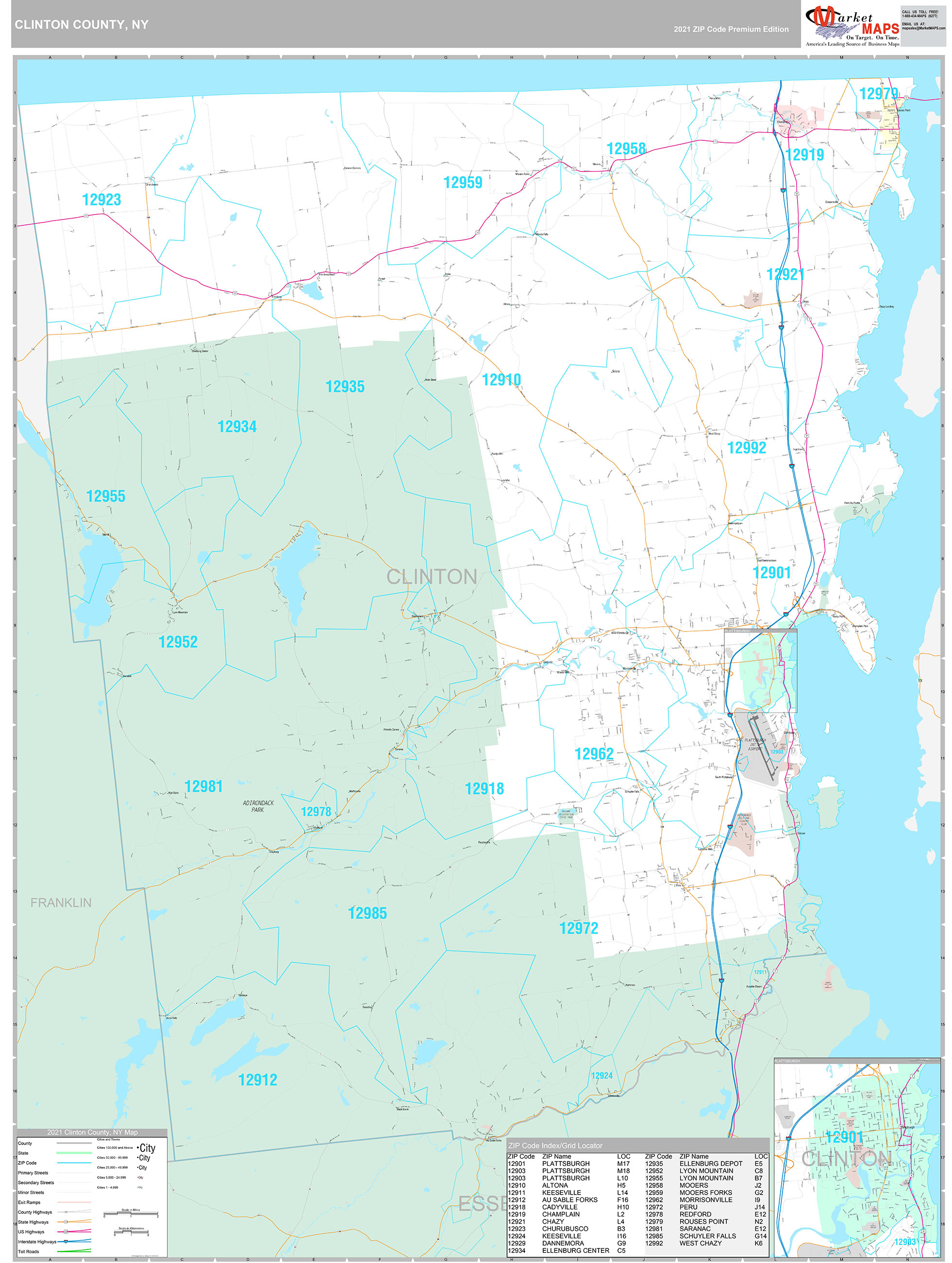 Clinton County, NY Wall Map Premium Style by MarketMAPS