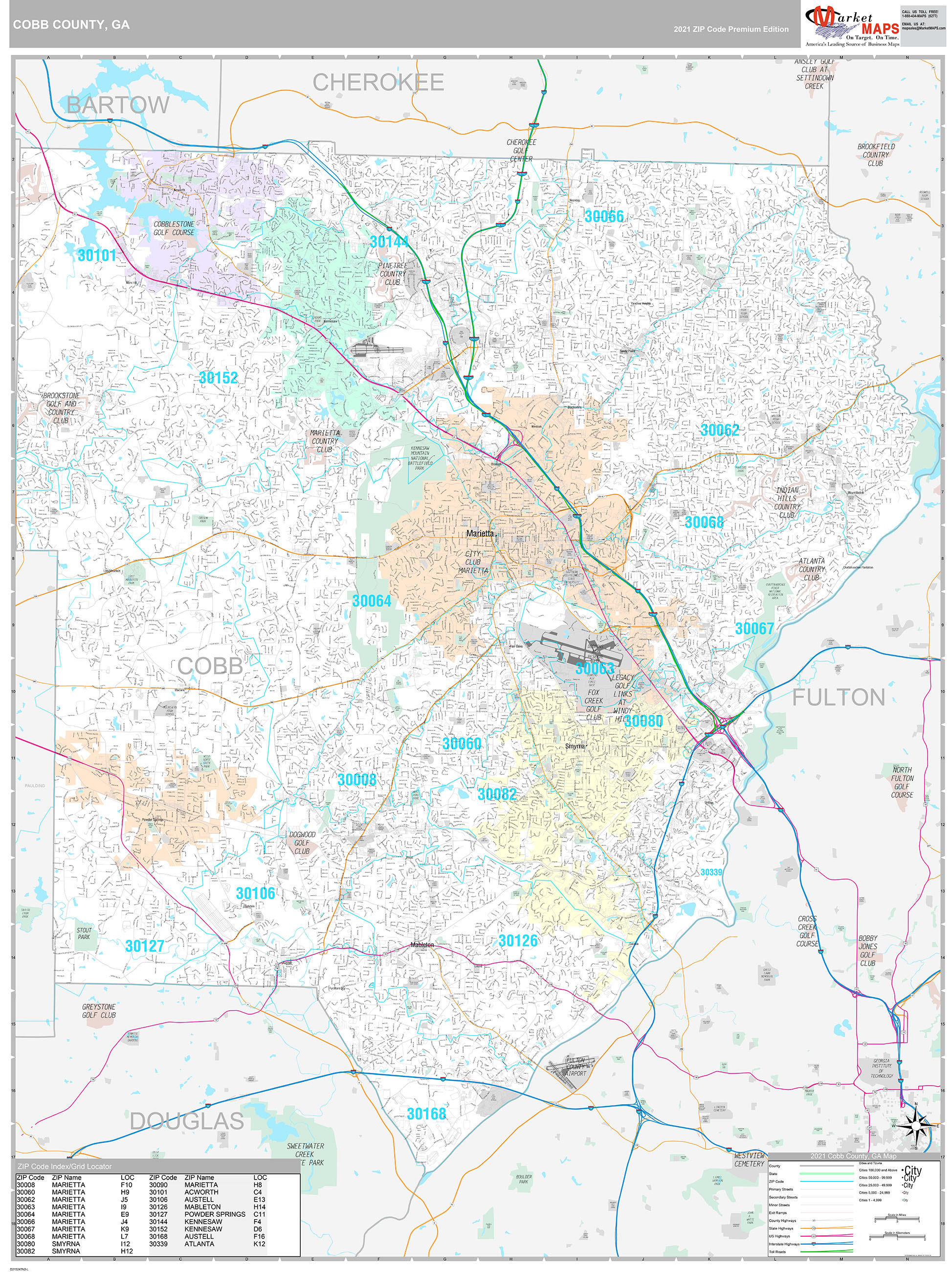 Cobb County GA Wall Map Premium Style by MarketMAPS MapSales