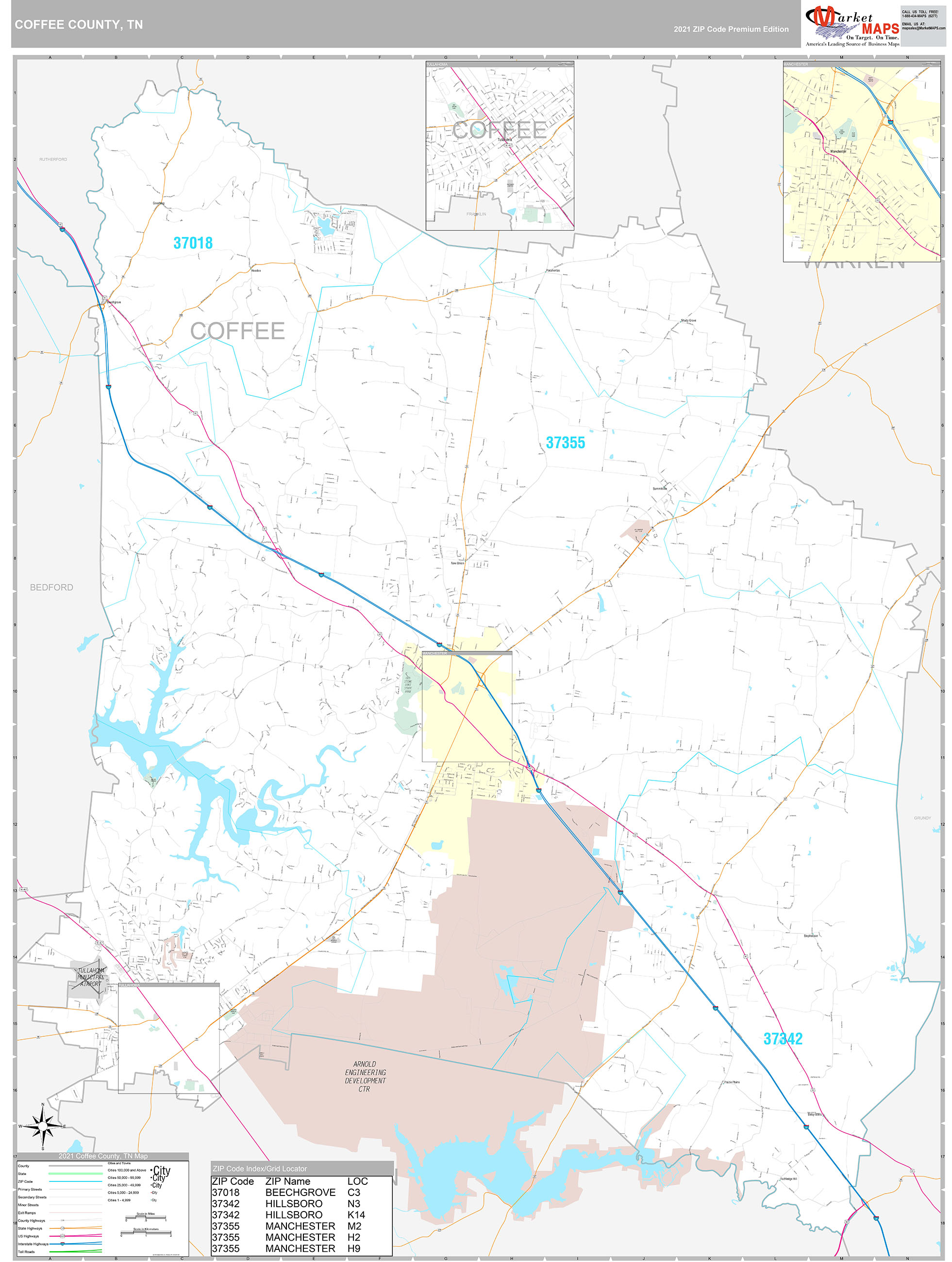 Coffee County, TN Wall Map Premium Style by MarketMAPS