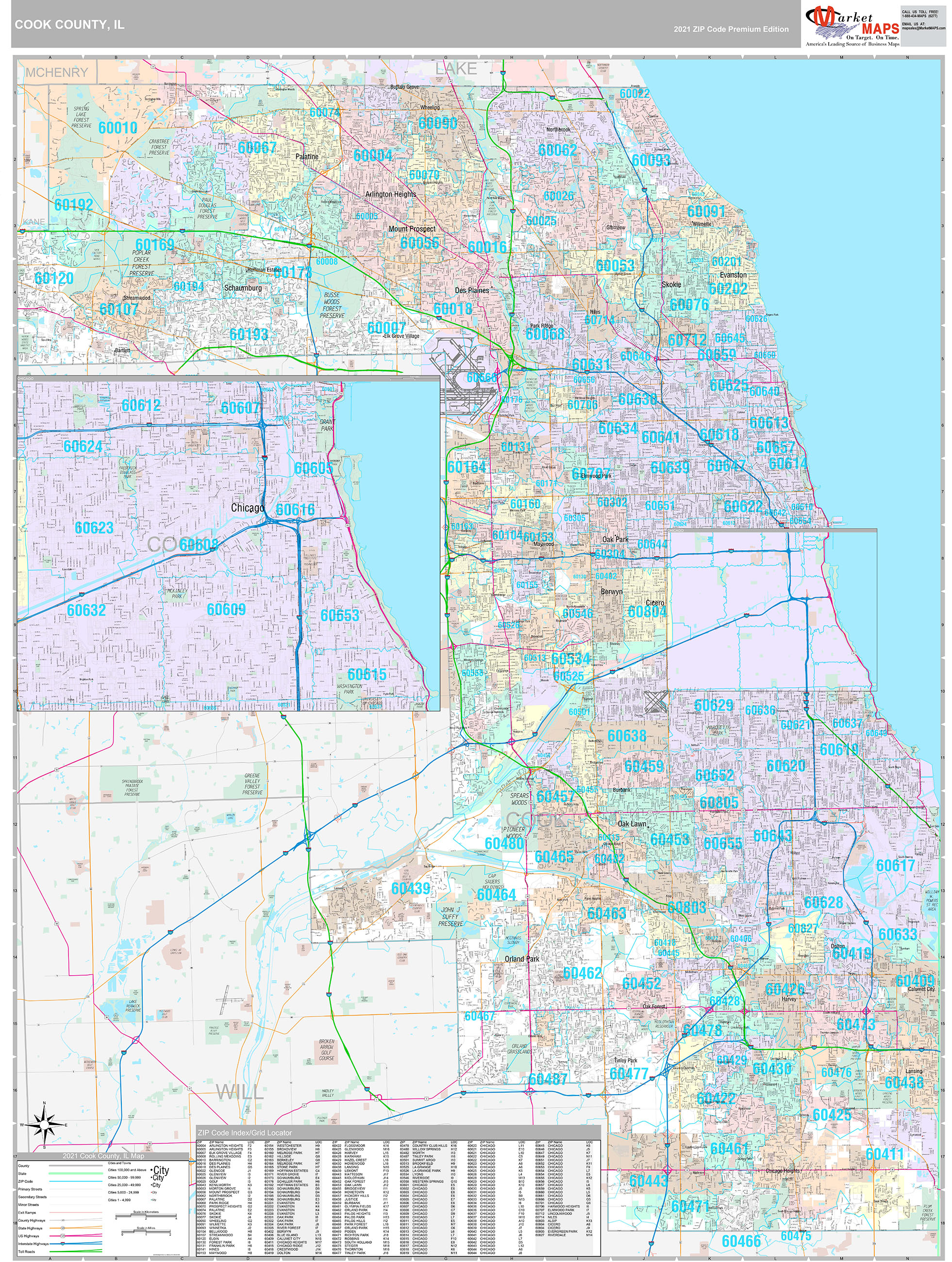 Cook County, IL Wall Map Premium Style by MarketMAPS