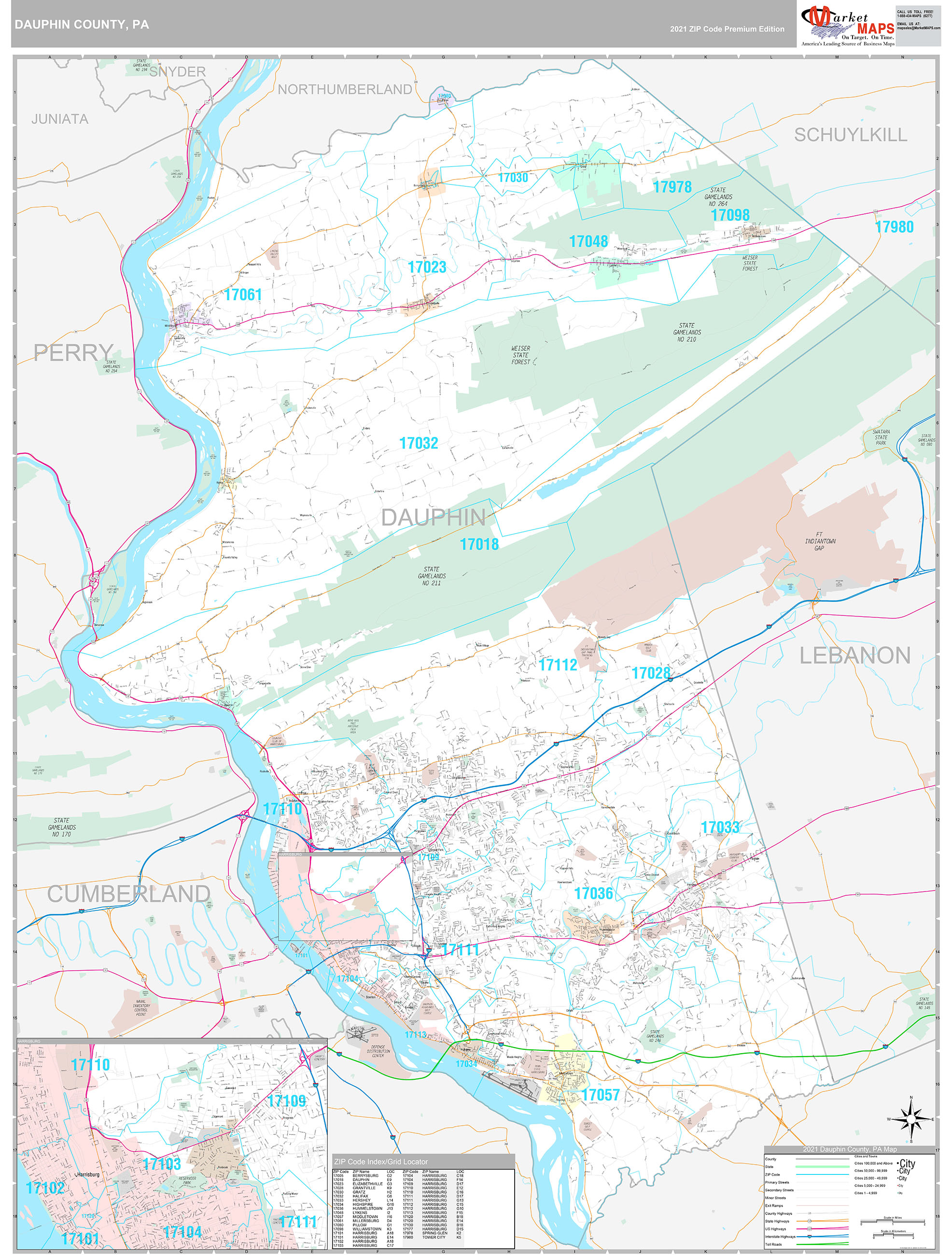 Dauphin County, PA Wall Map Premium Style by MarketMAPS