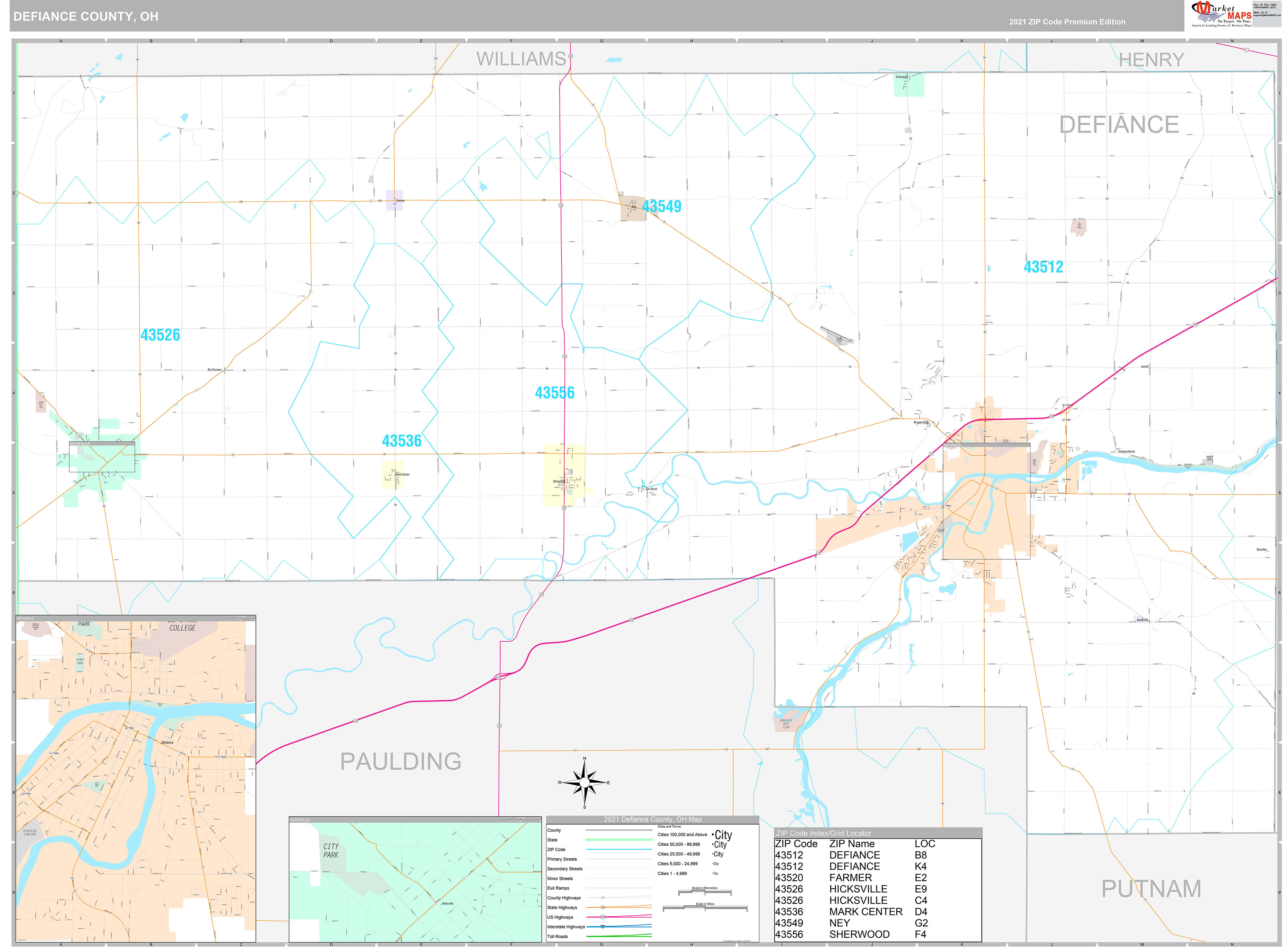 Defiance County Oh Wall Map Red Line Style - Bank2home.com