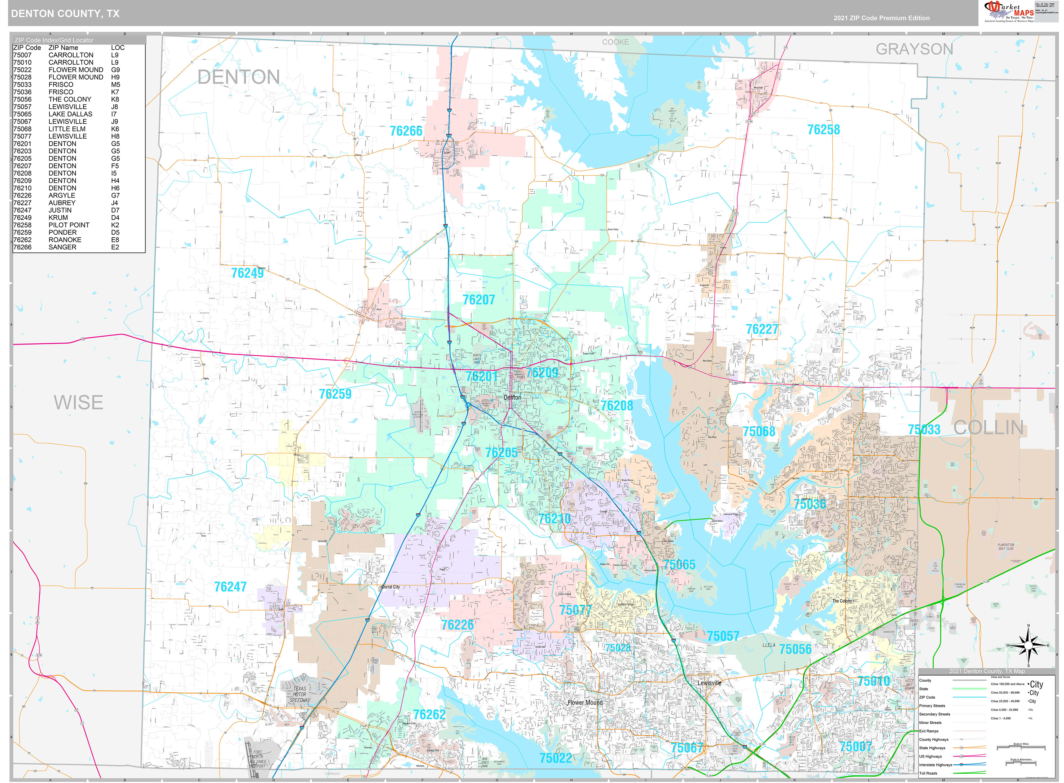 Denton County, TX Wall Map Premium Style by MarketMAPS MapSales