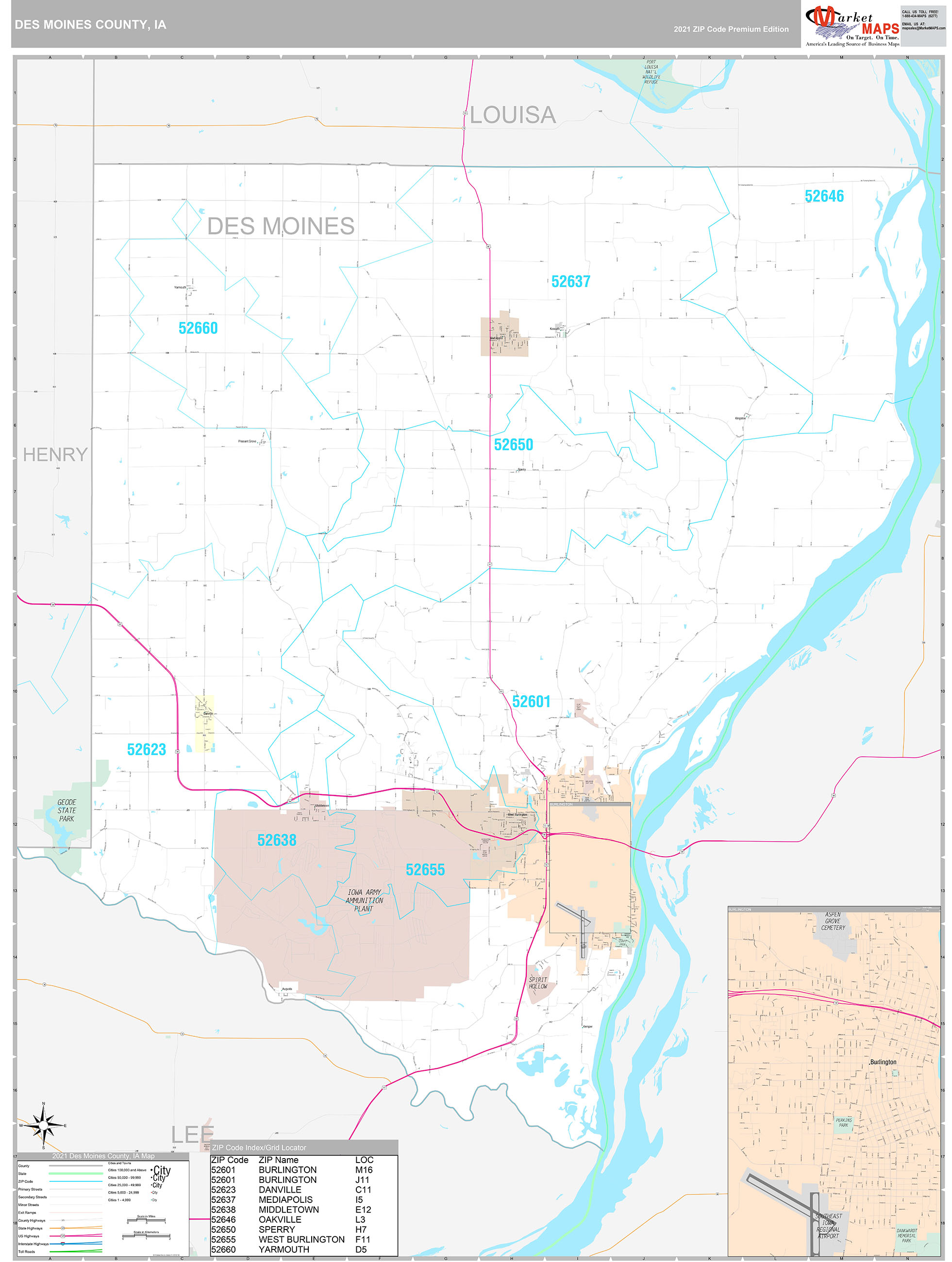 Des Moines County IA Wall Map Premium Style by MarketMAPS MapSales