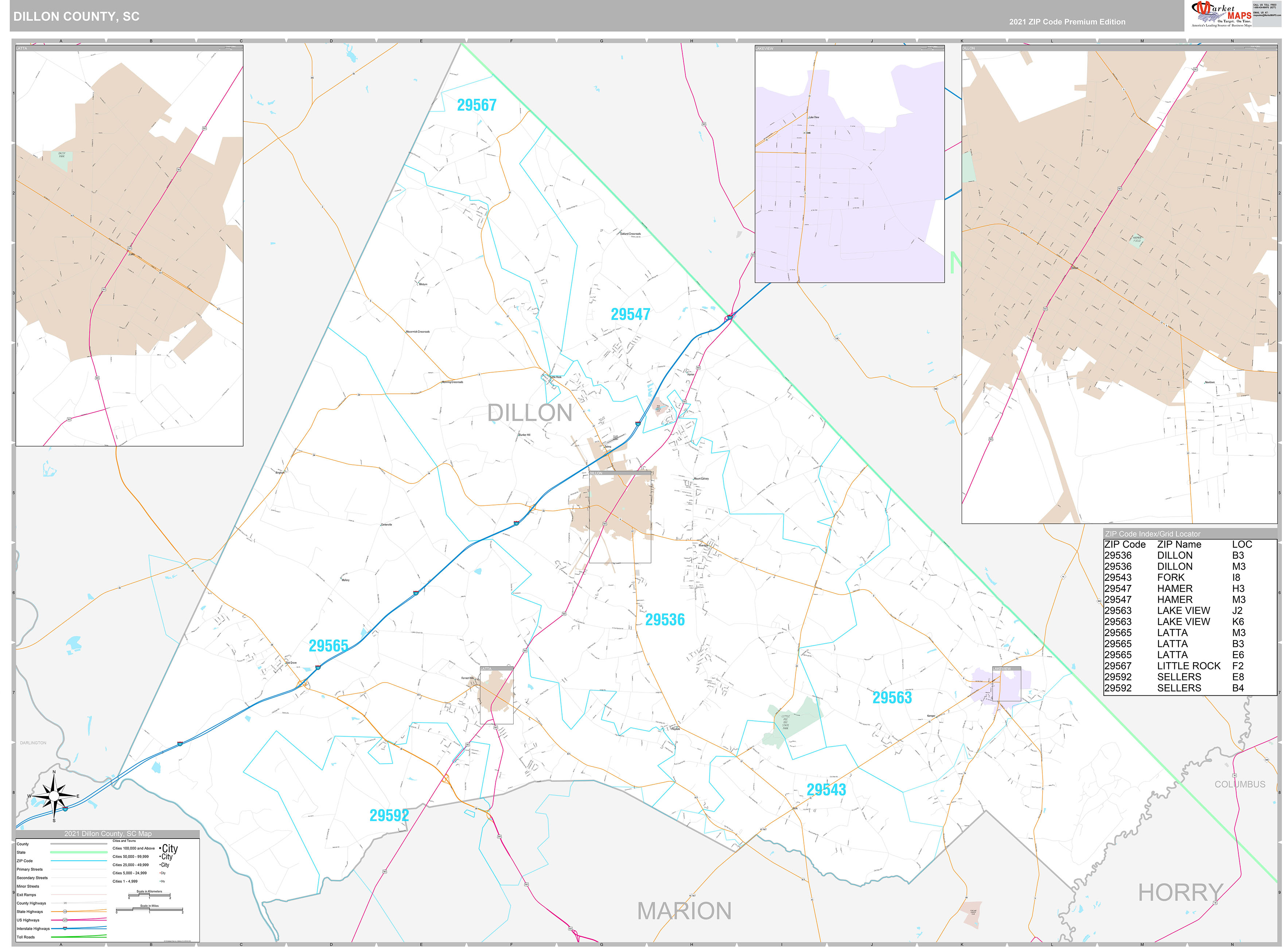 Dillon County, SC Wall Map Premium Style by MarketMAPS