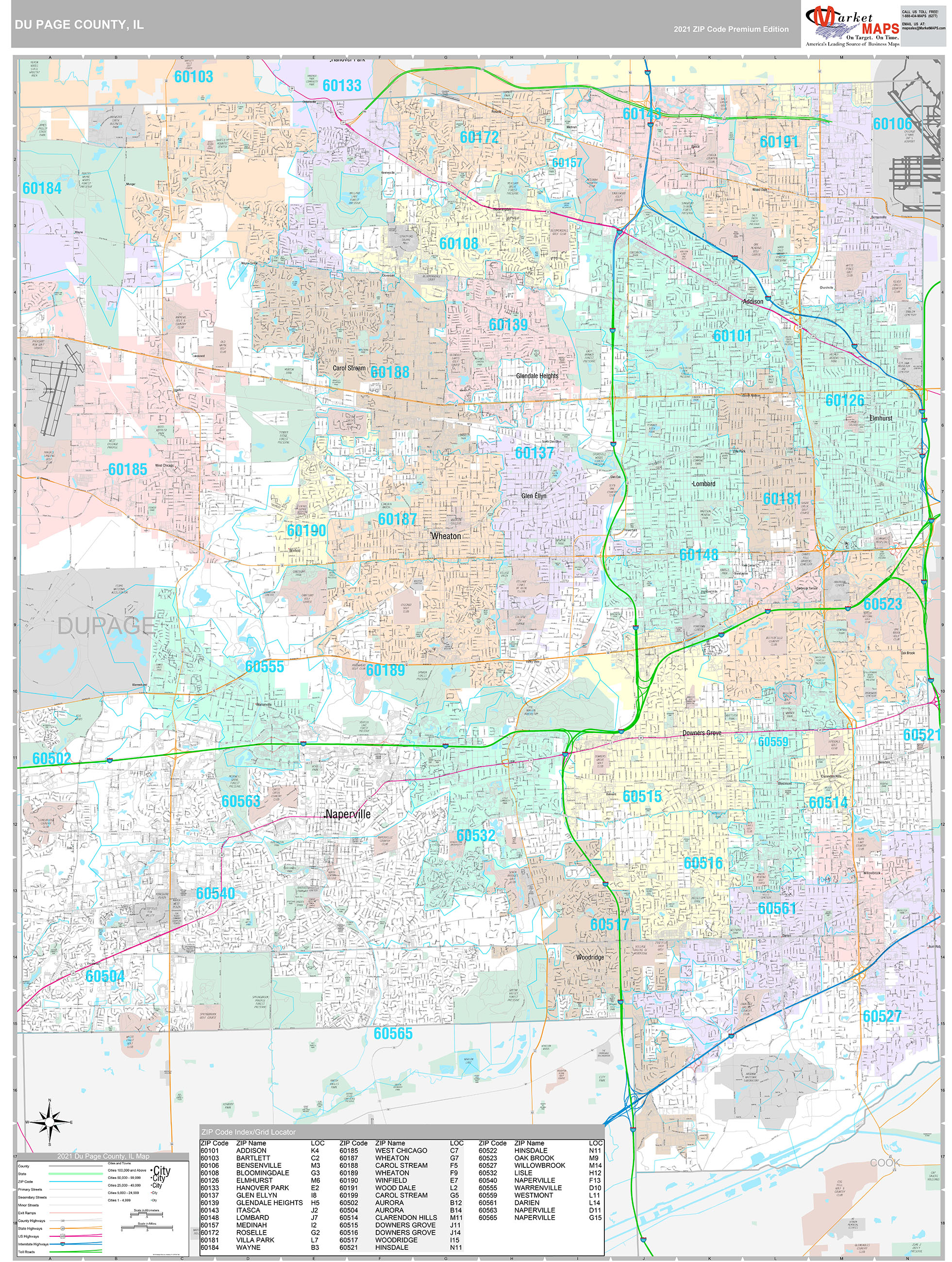 DuPage County IL Wall Map Premium Style by MarketMAPS MapSales