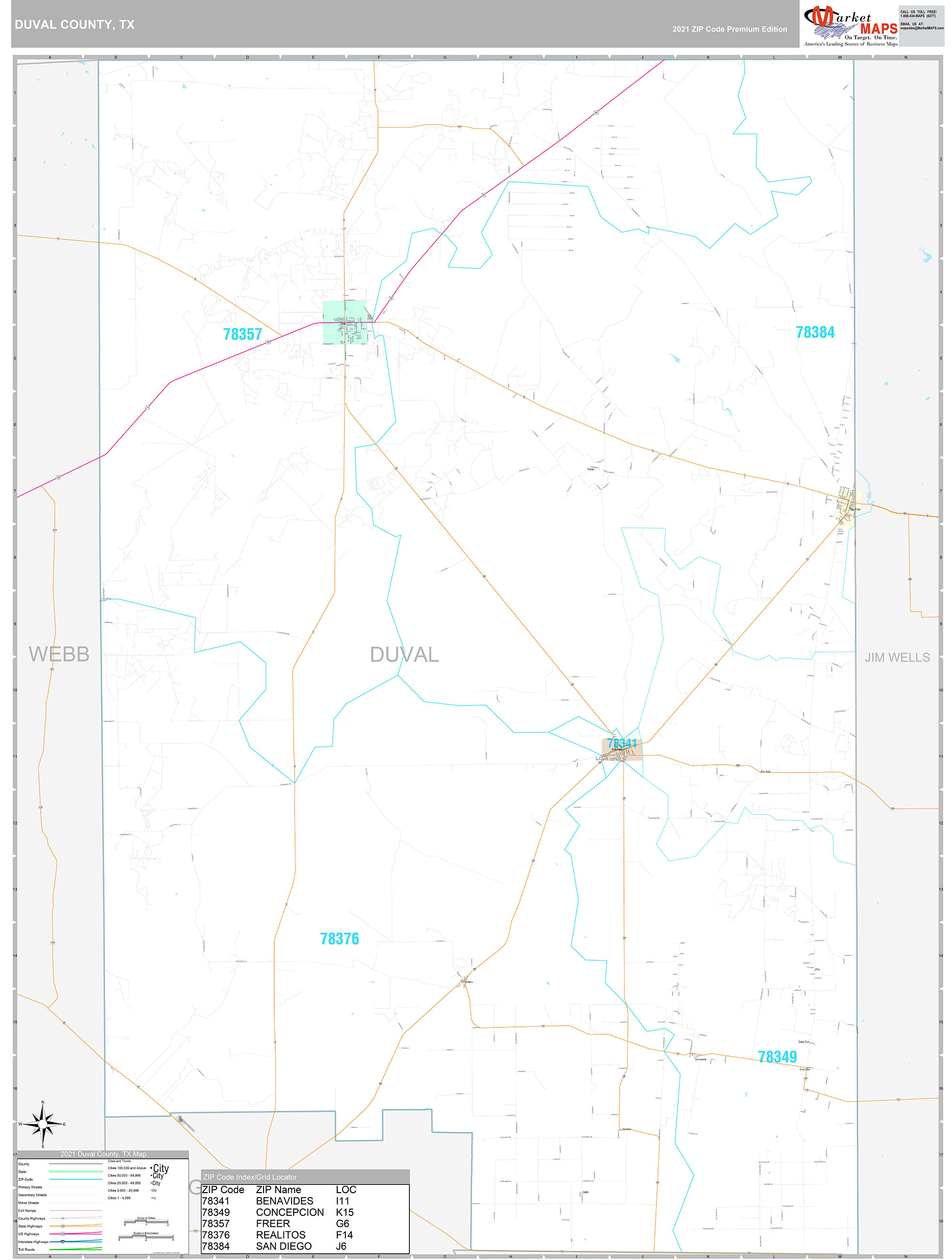 Duval County, TX Wall Map Premium Style by MarketMAPS