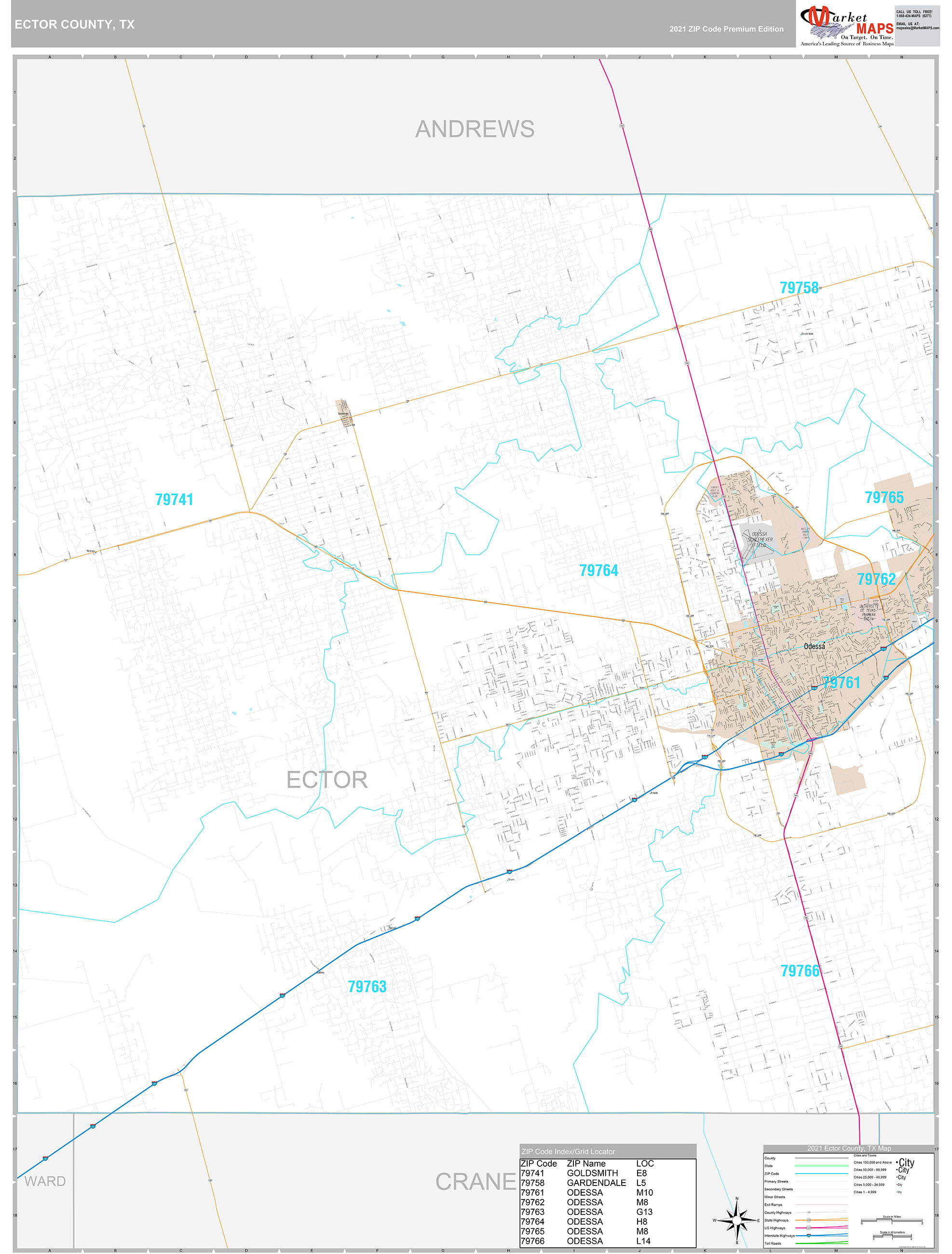 Ector County, TX Wall Map Premium Style by MarketMAPS MapSales