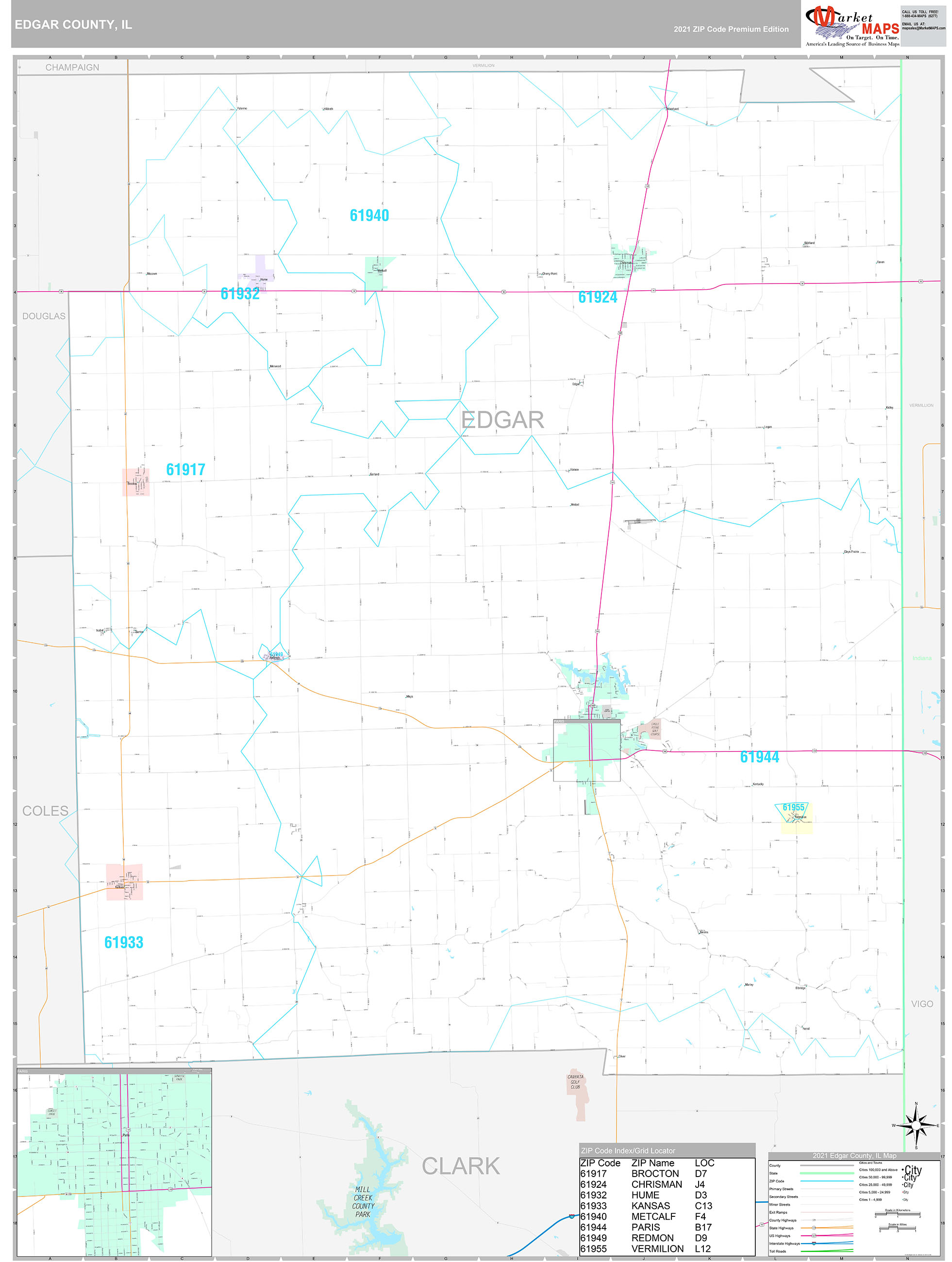 Edgar County, IL Wall Map Premium Style by MarketMAPS