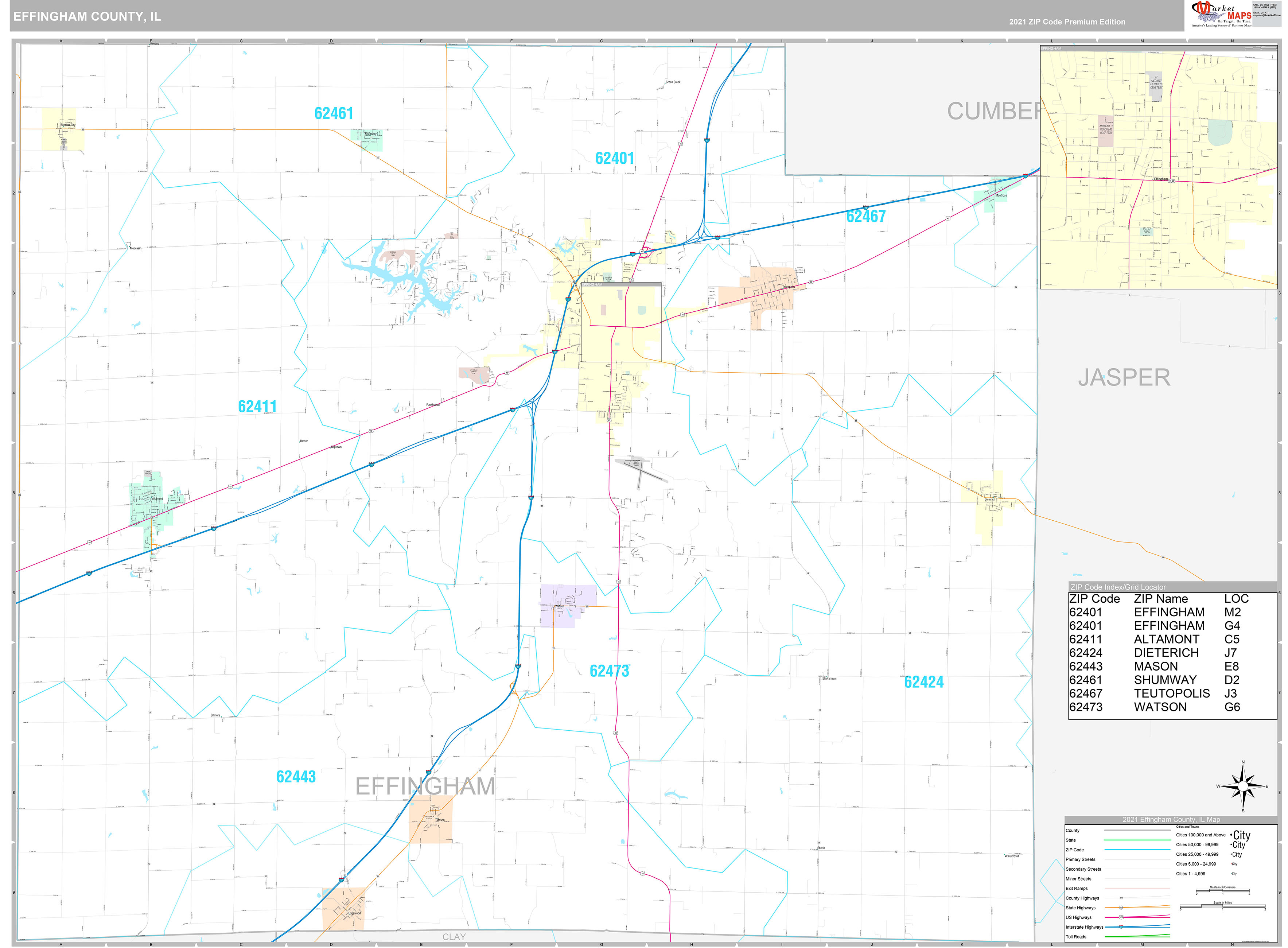 Effingham County IL Wall Map Premium Style by MarketMAPS