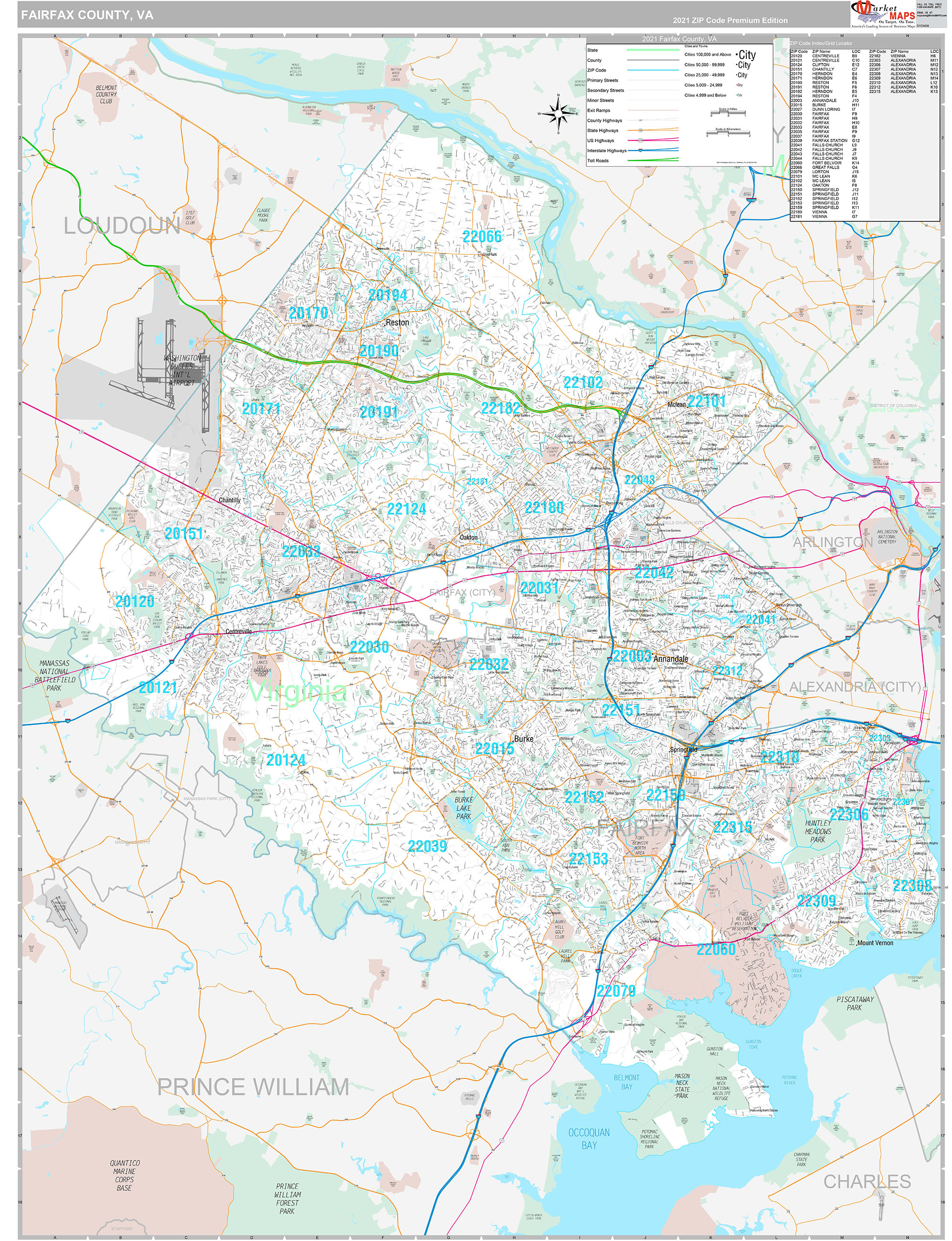 Fairfax County, VA Wall Map Premium Style by MarketMAPS