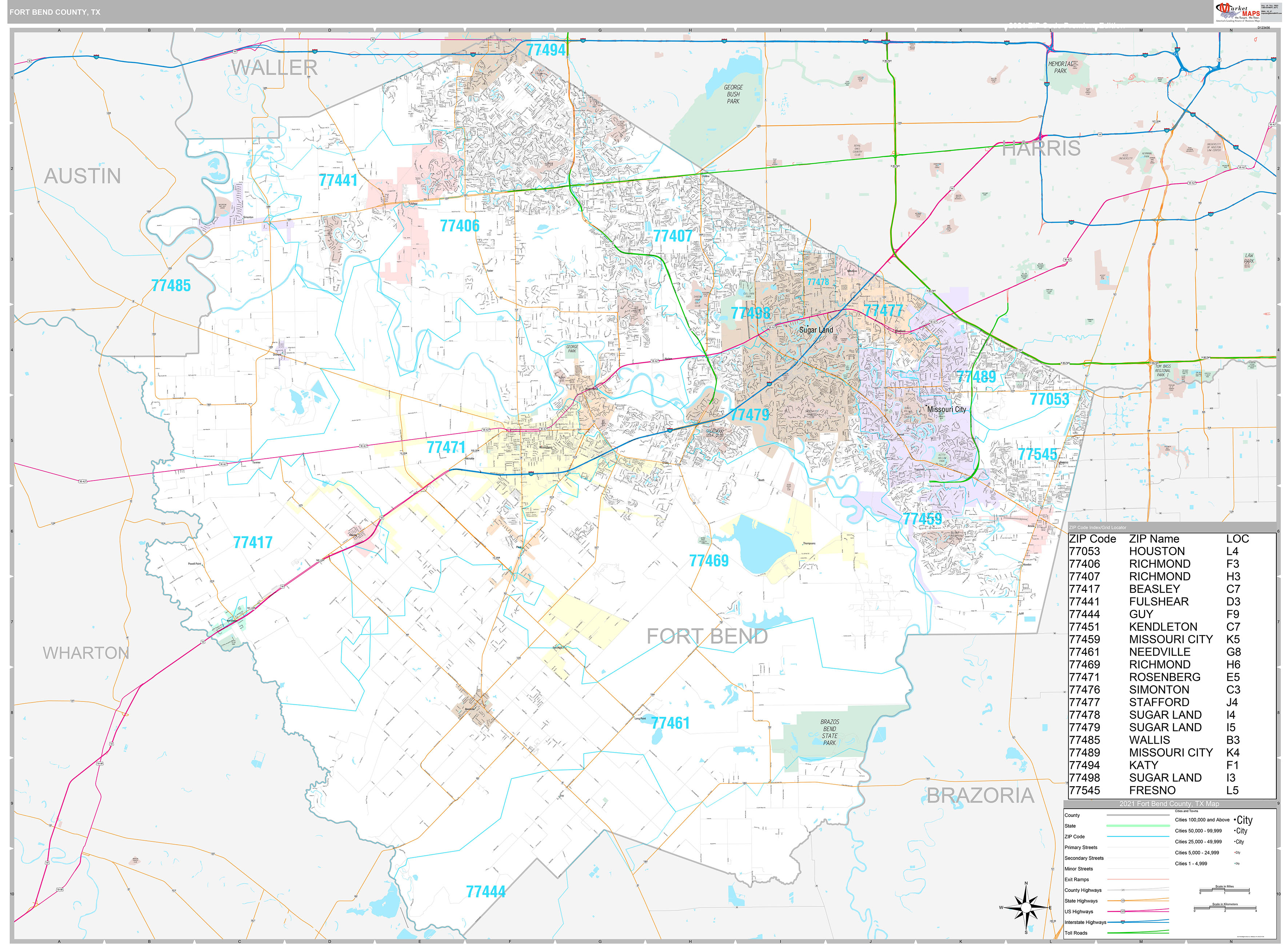 Fort Bend County TX Wall Map Premium Style by MarketMAPS MapSales