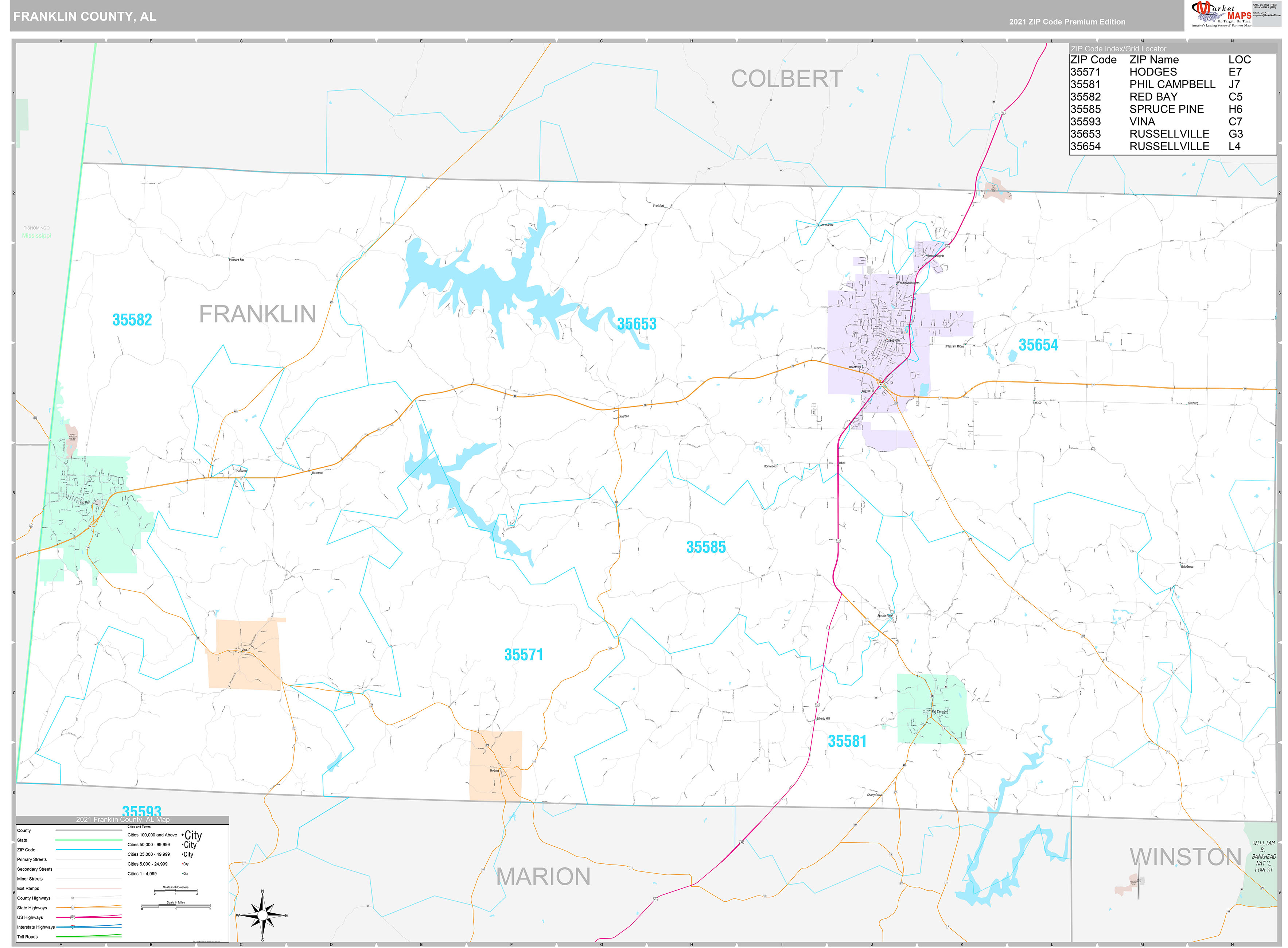 Franklin County, AL Wall Map Premium Style by MarketMAPS