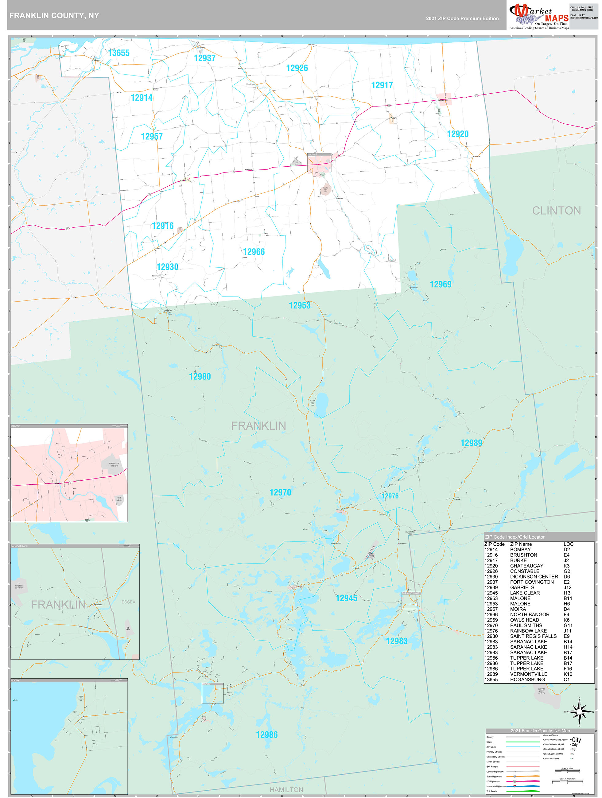 Franklin County, NY Wall Map Premium Style by MarketMAPS