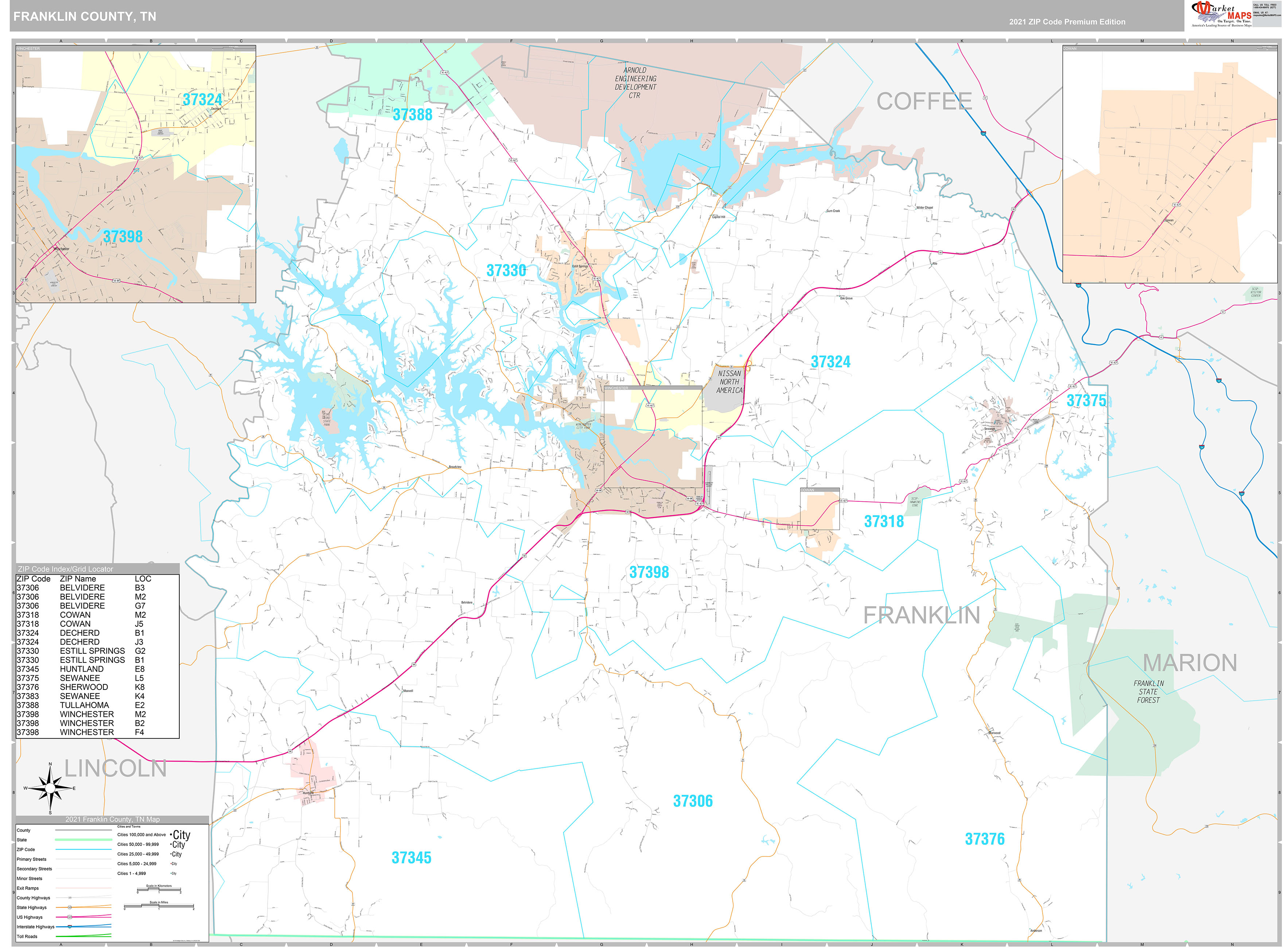Franklin County, TN Wall Map Premium Style by MarketMAPS