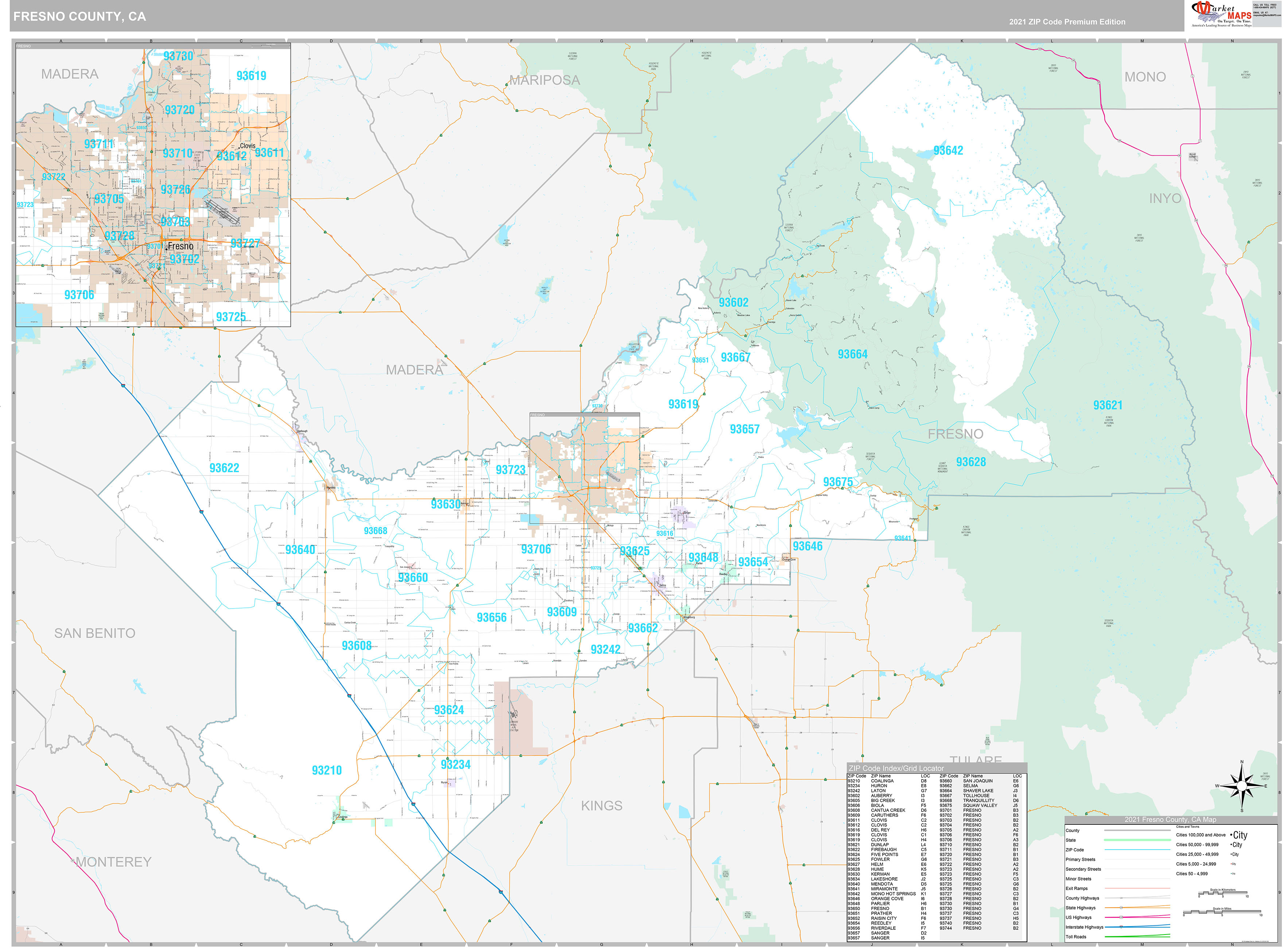 Fresno County, CA Wall Map Premium Style by MarketMAPS MapSales
