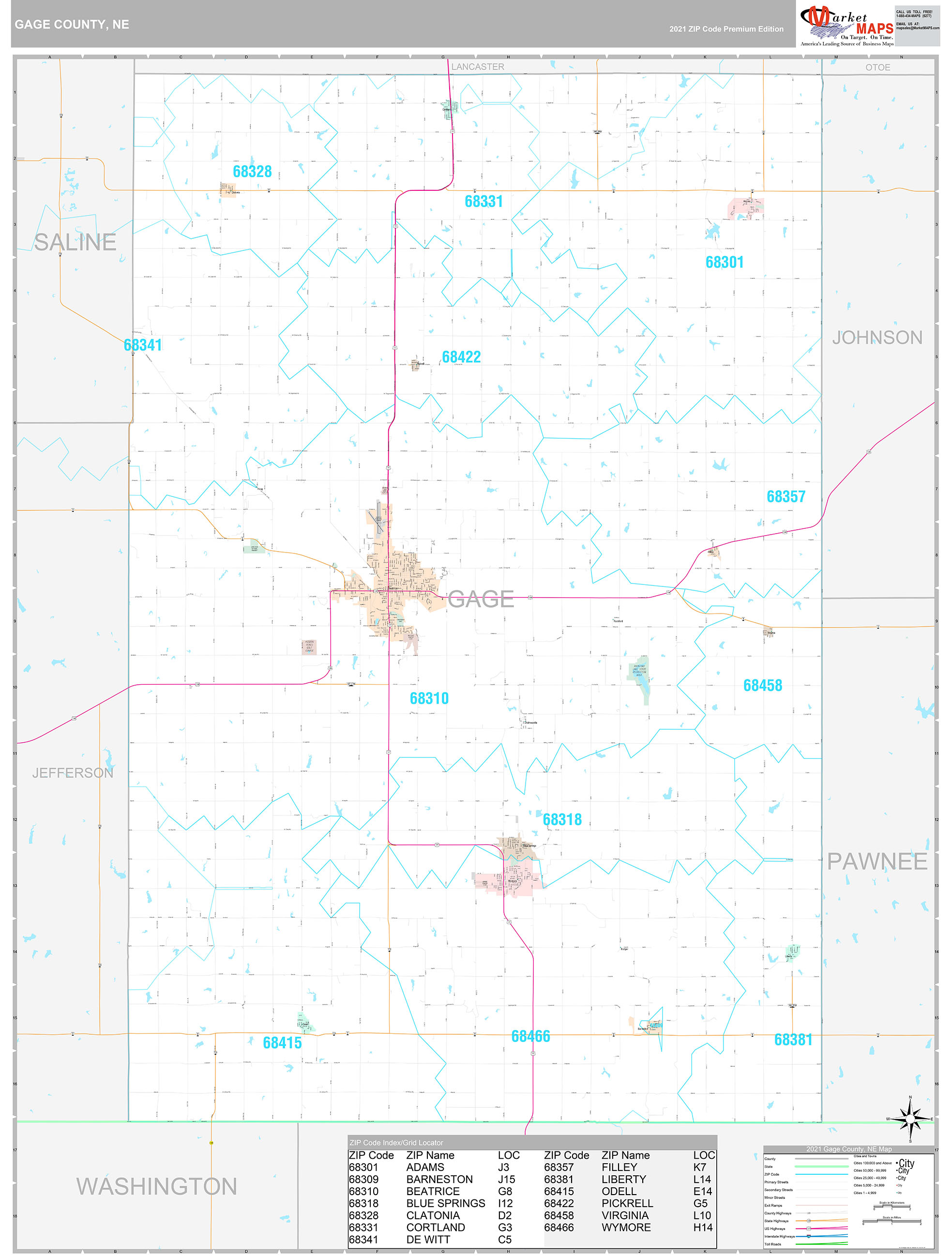 Gage County, NE Wall Map Premium Style by MarketMAPS