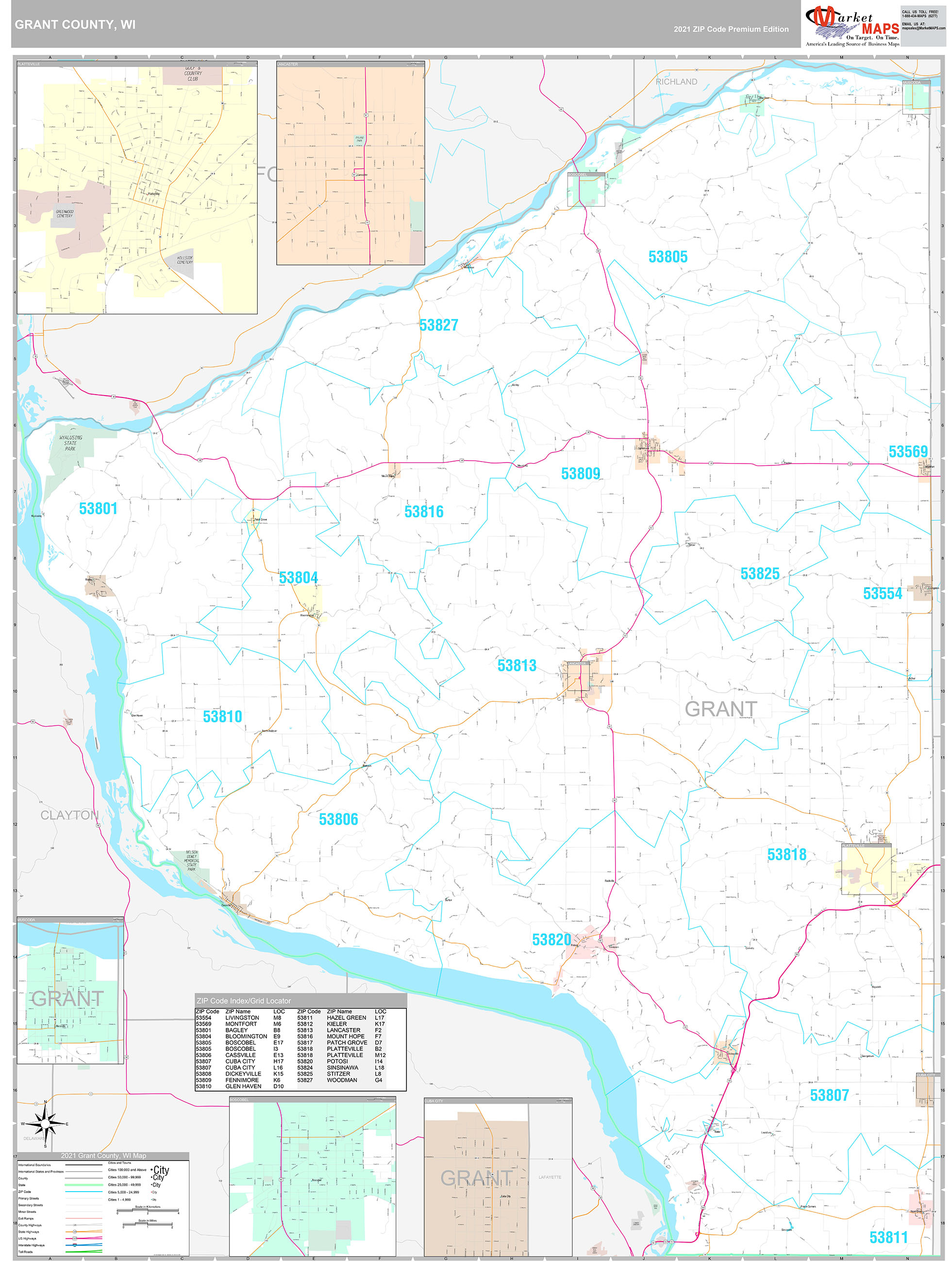 Grant County, WI Wall Map Premium Style by MarketMAPS - MapSales