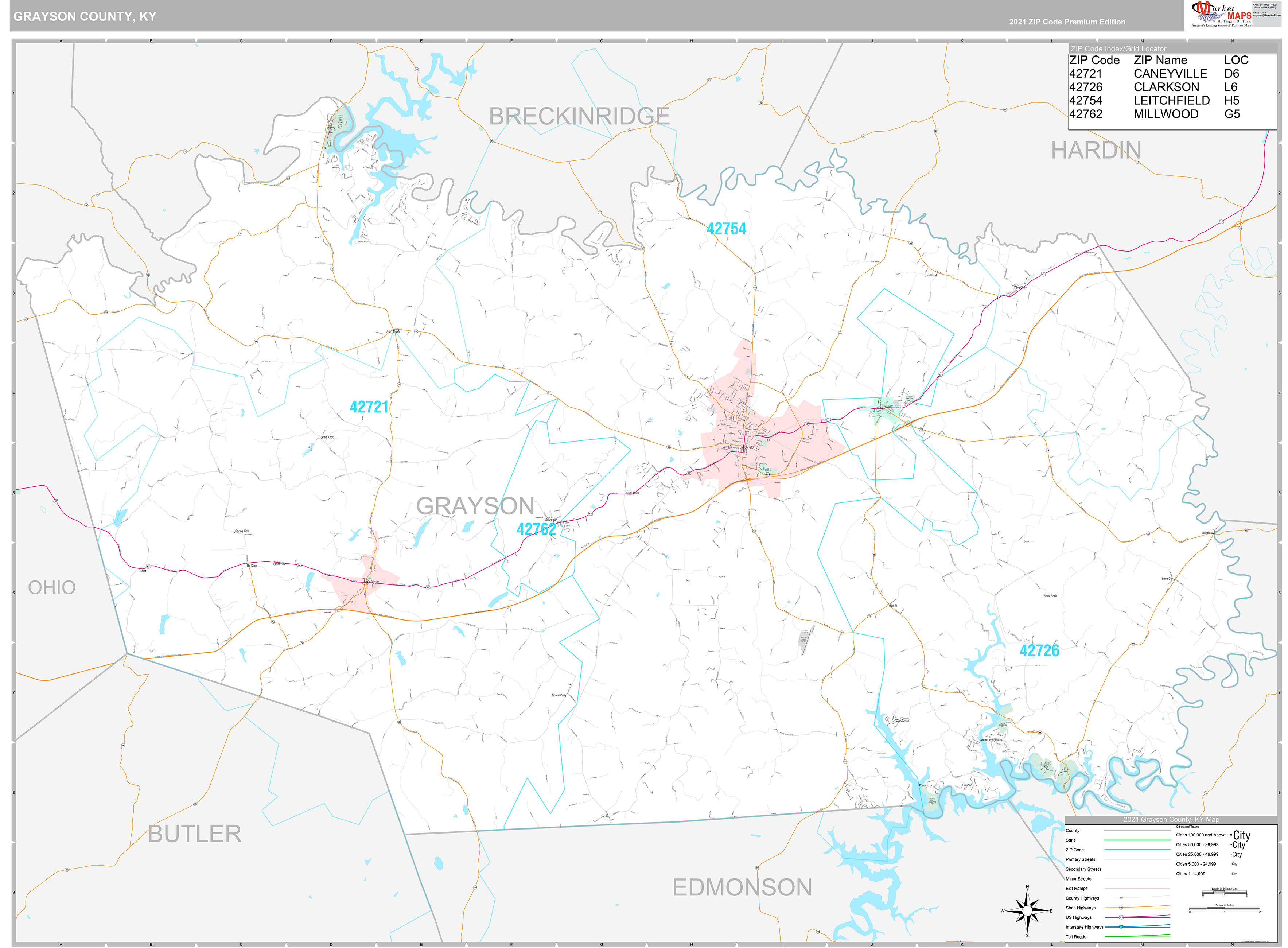 Grayson County Ky Wall Map Premium Style By Marketmaps Mapsales 9510