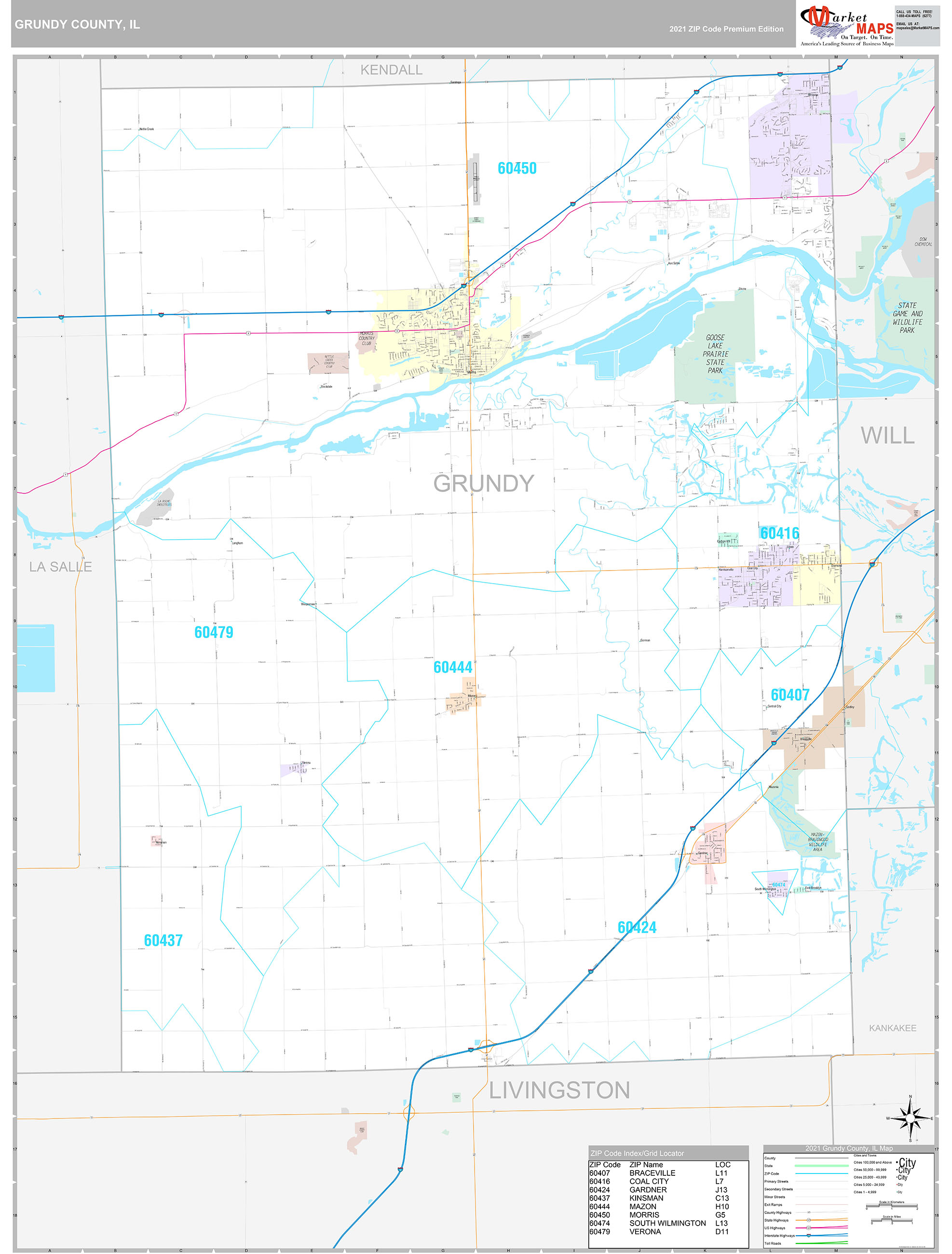 Grundy County IL Wall Map Premium Style by MarketMAPS