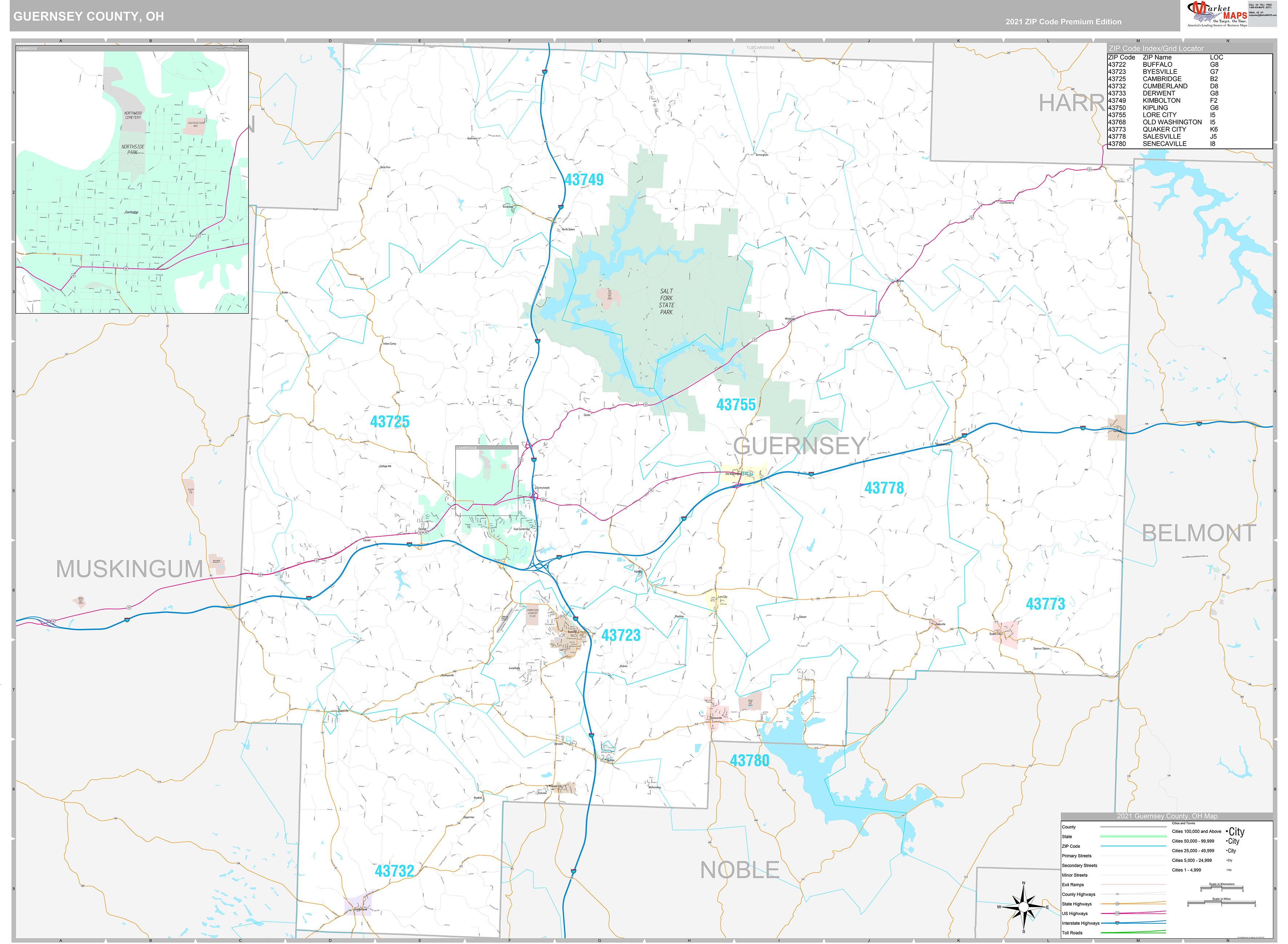 Guernsey County OH Wall Map Premium Style by MarketMAPS