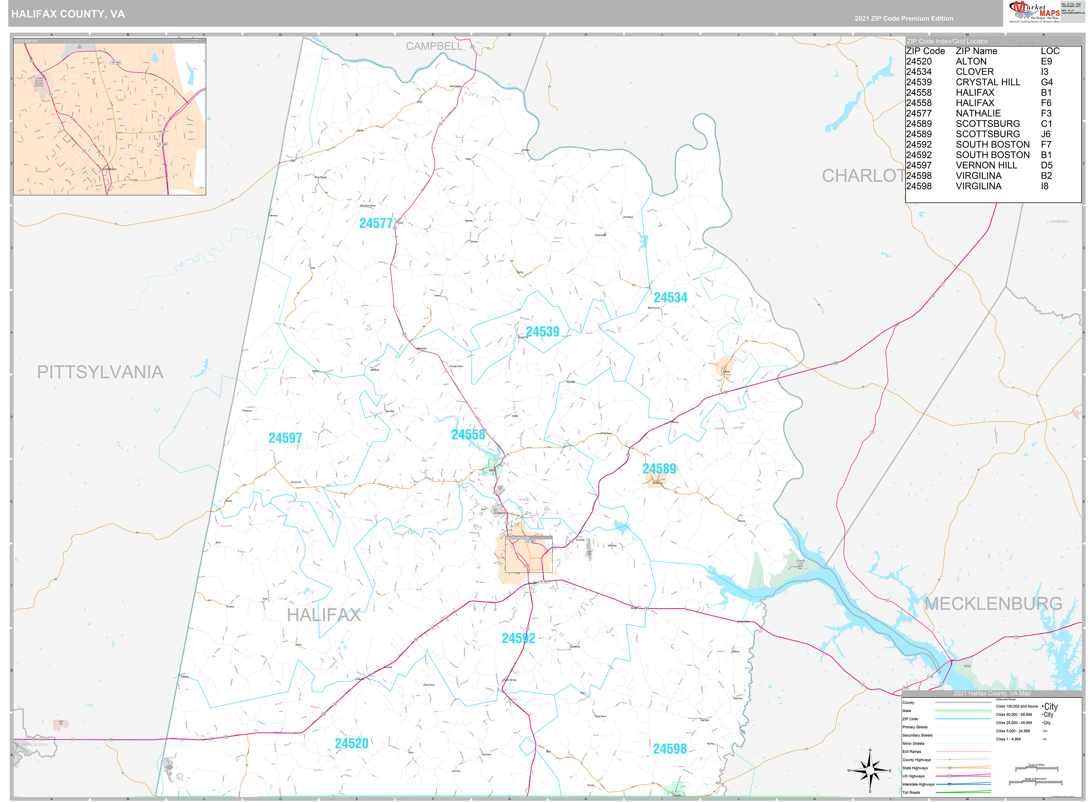 Halifax County, VA Wall Map Premium Style by MarketMAPS - MapSales