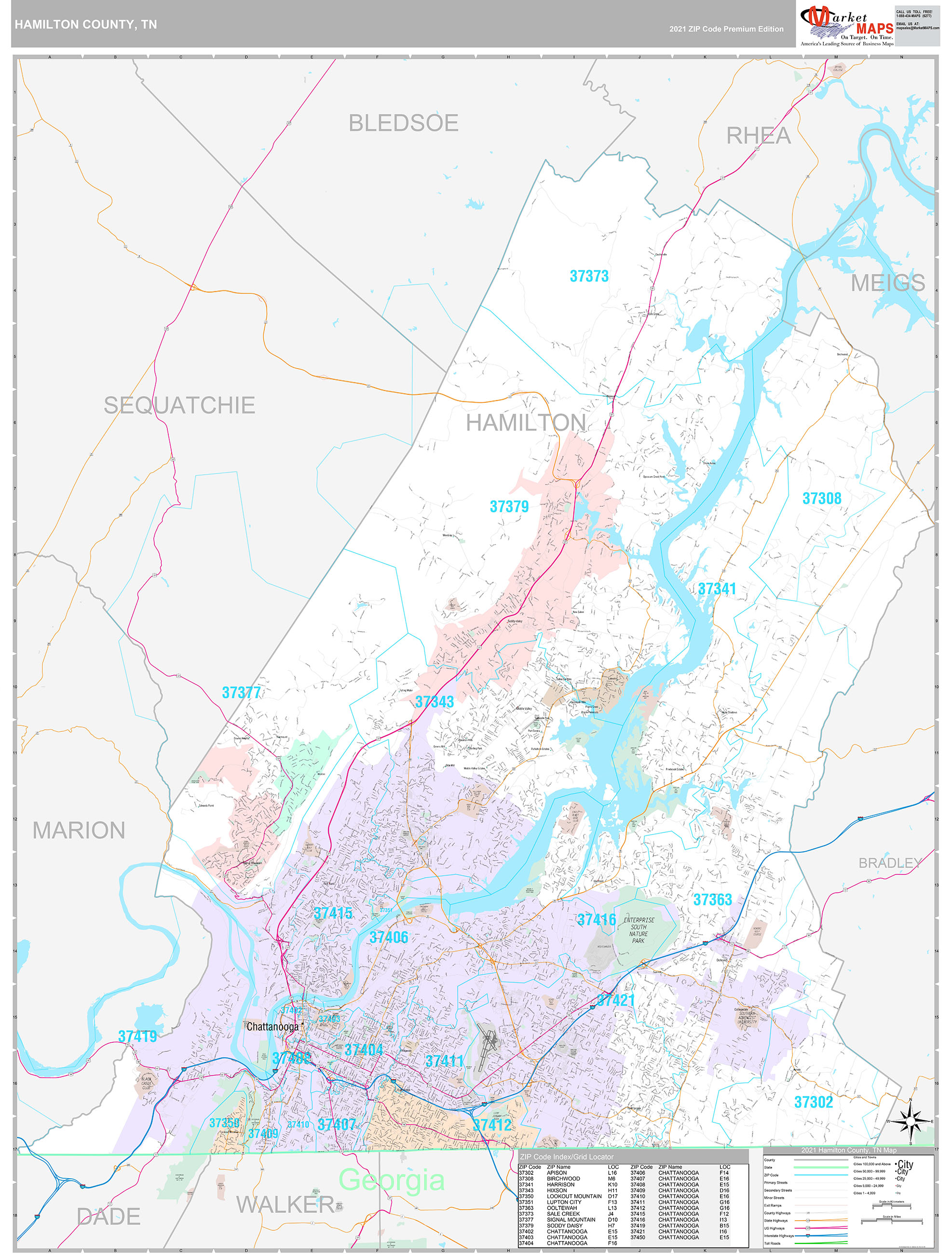 Hamilton County, TN Wall Map Premium Style by MarketMAPS MapSales