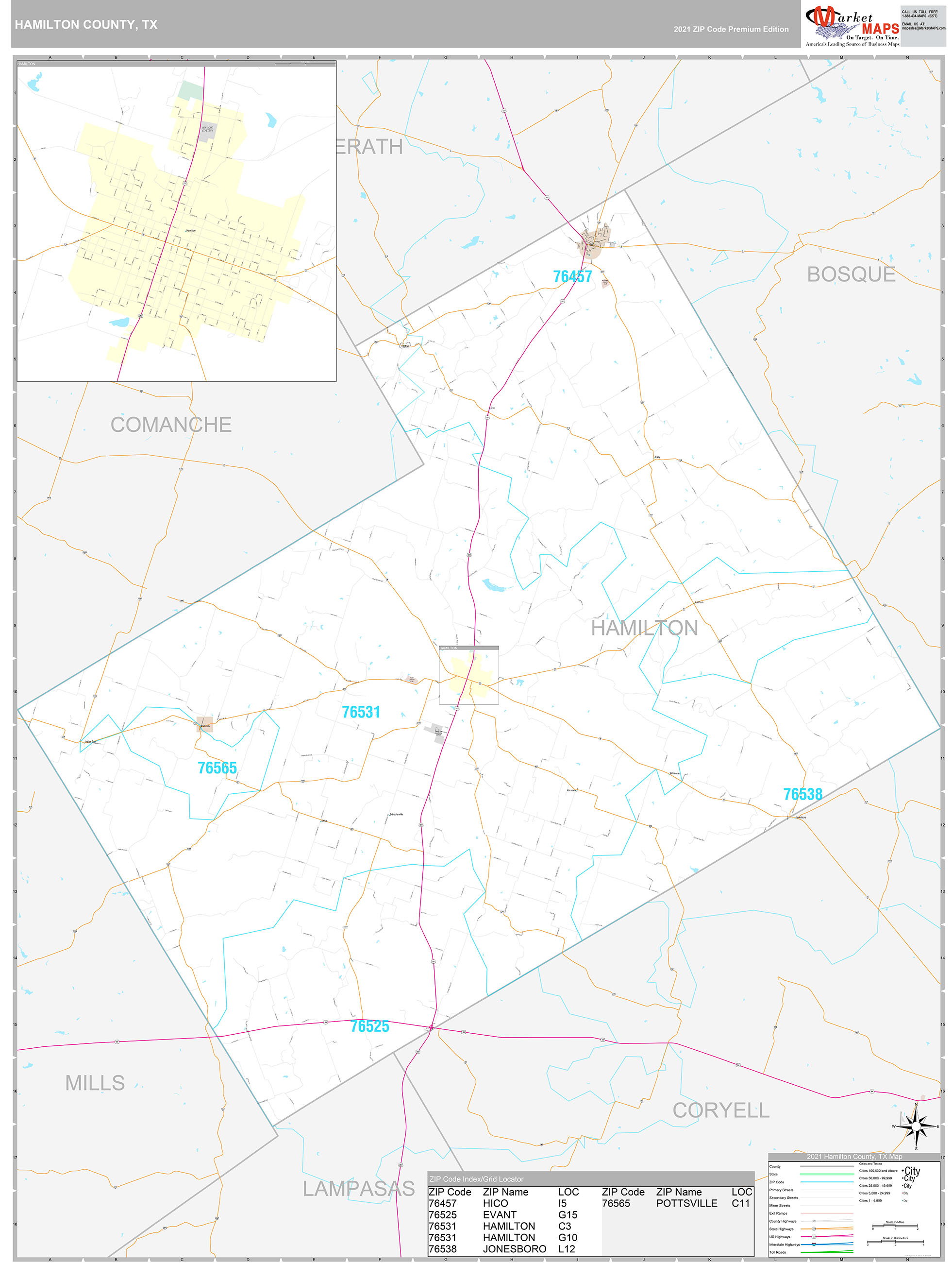 Hamilton County TX Wall Map Premium Style by MarketMAPS