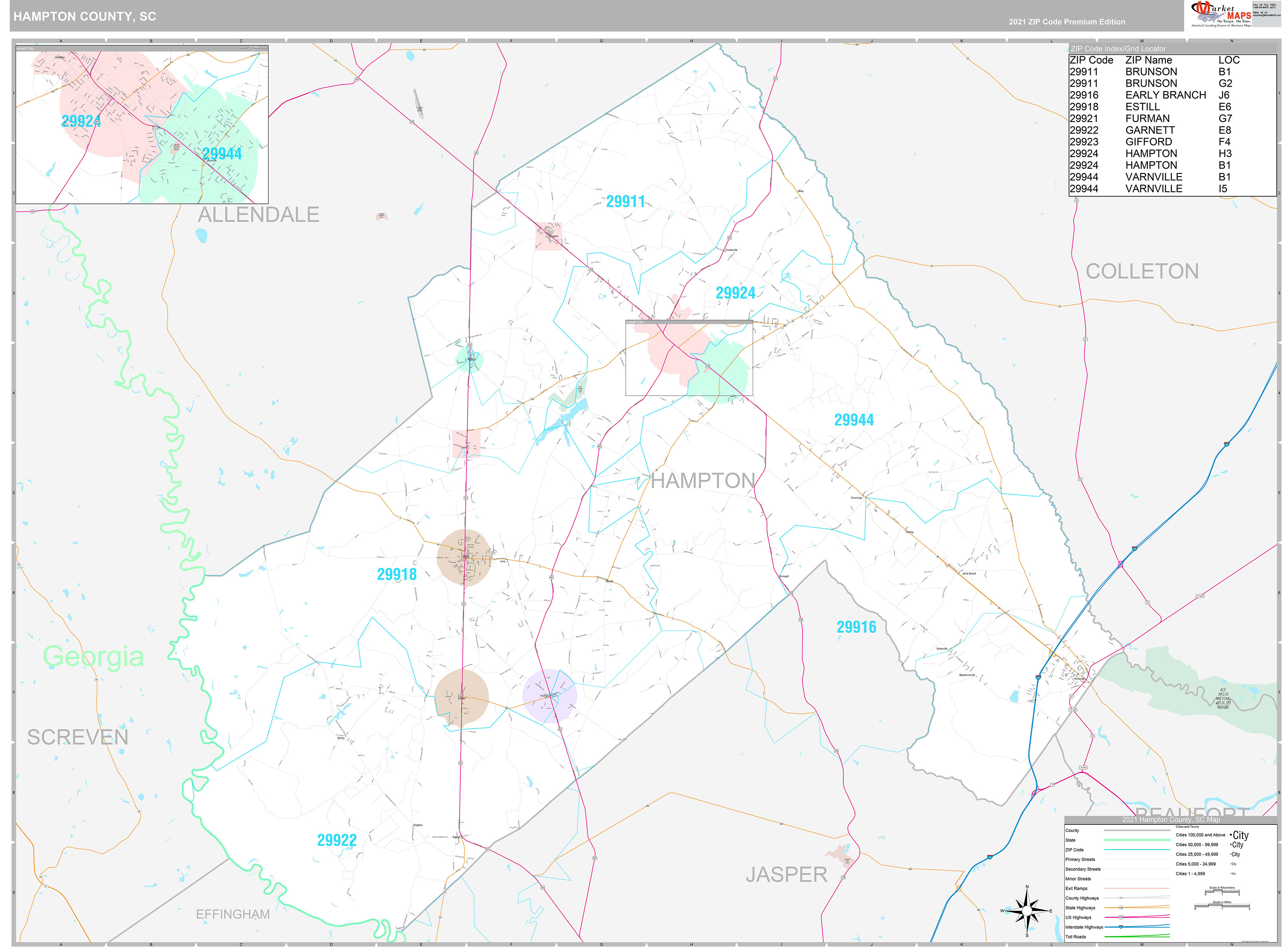 Hampton County, SC Wall Map Premium Style by MarketMAPS