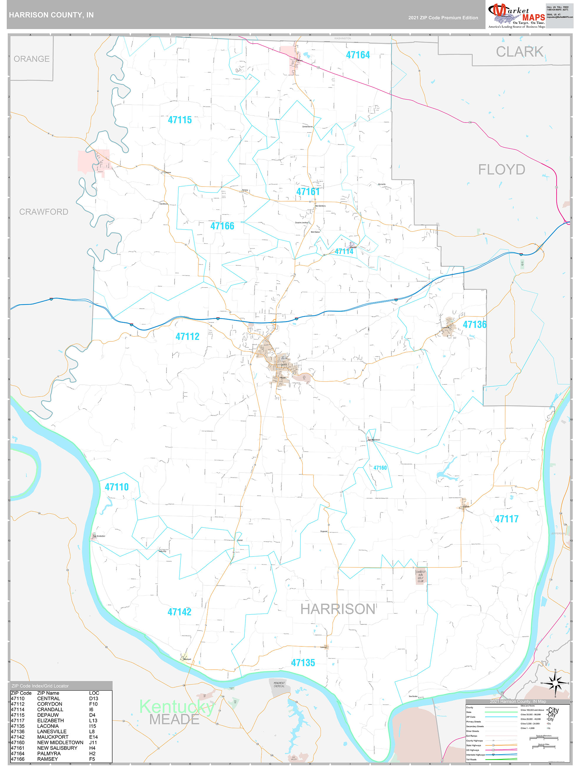 Harrison County, IN Wall Map Premium Style by MarketMAPS