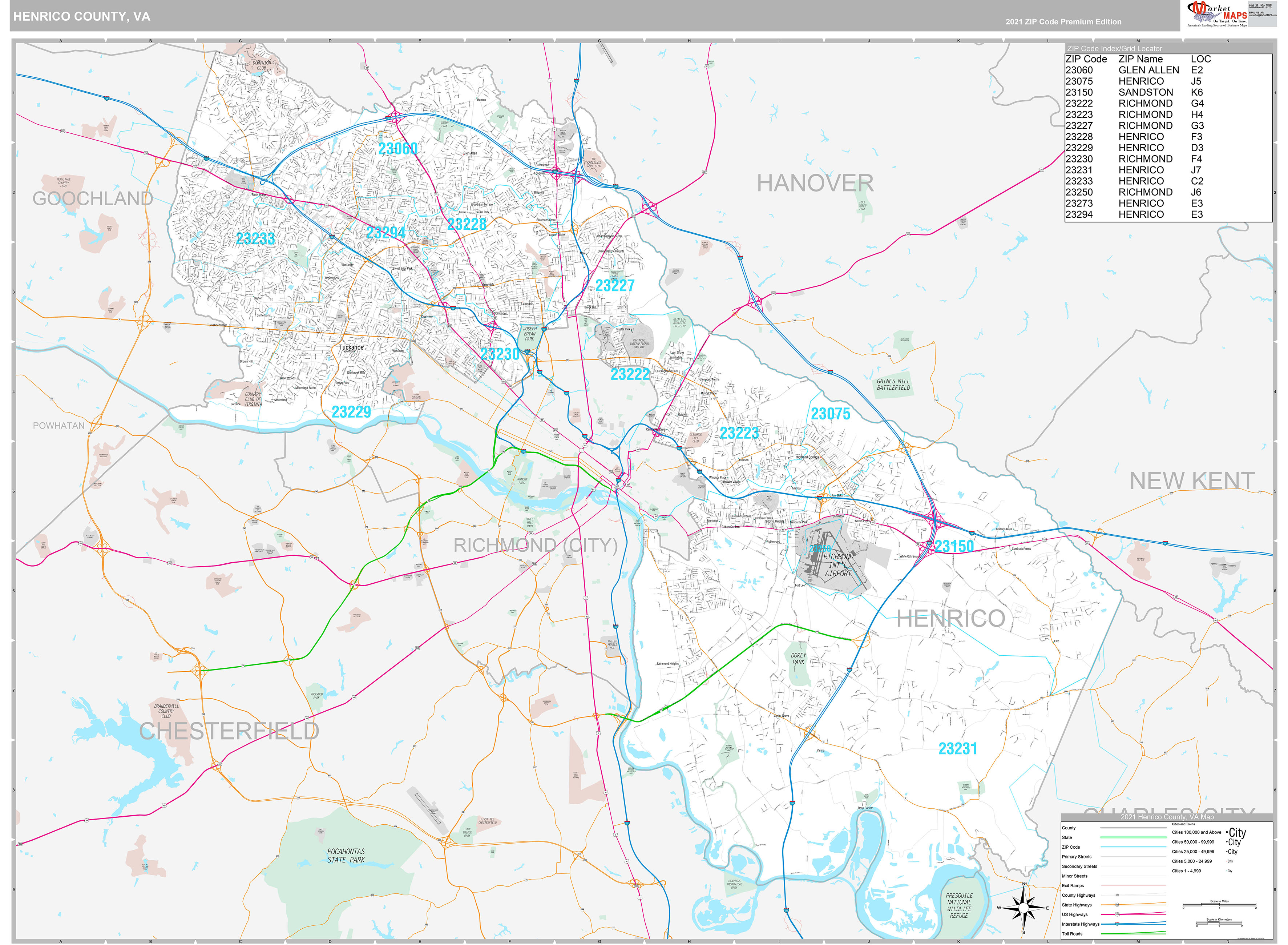 Henrico County, VA Wall Map Premium Style by MarketMAPS