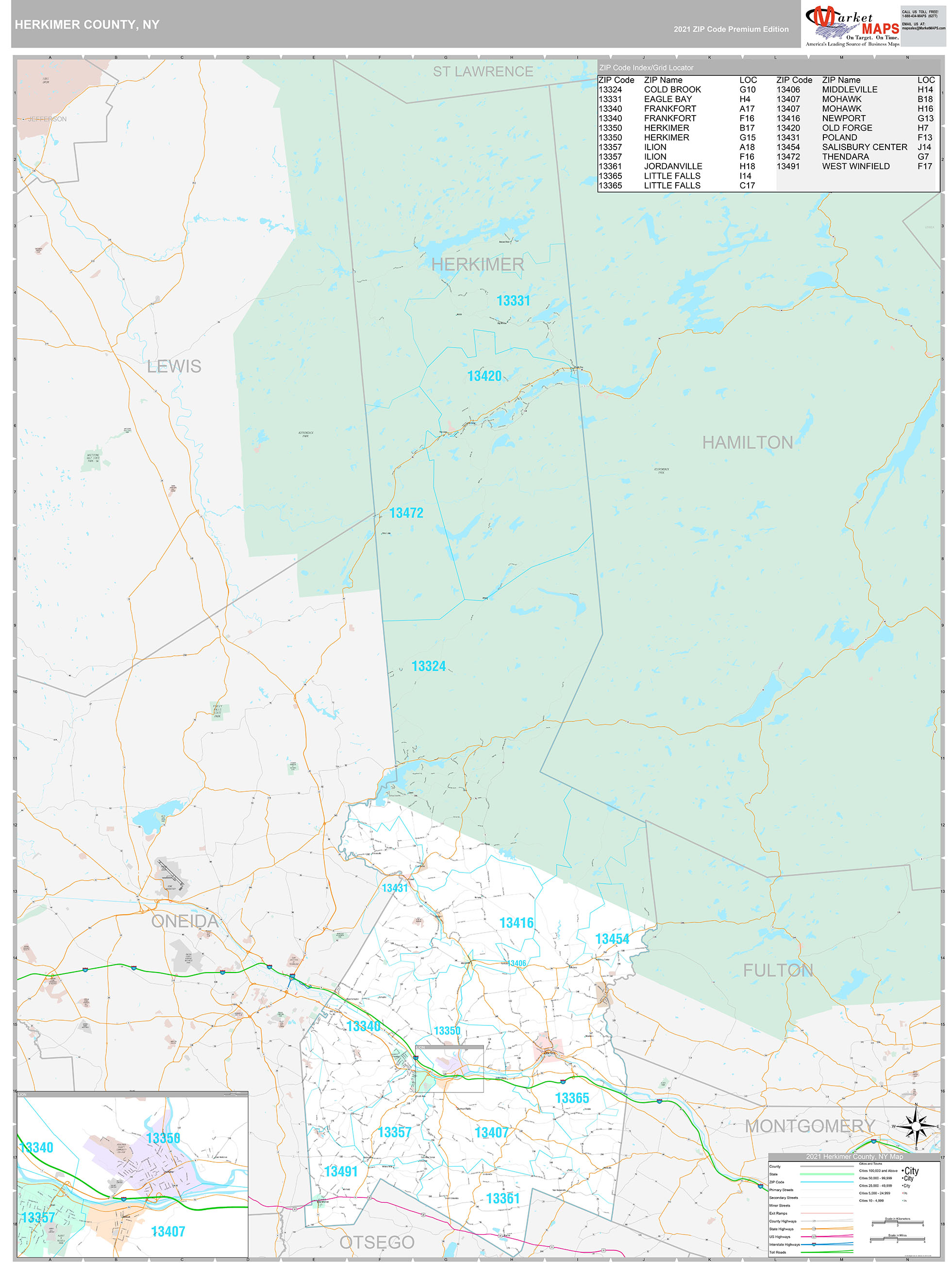 Herkimer County, NY Wall Map Premium Style by MarketMAPS