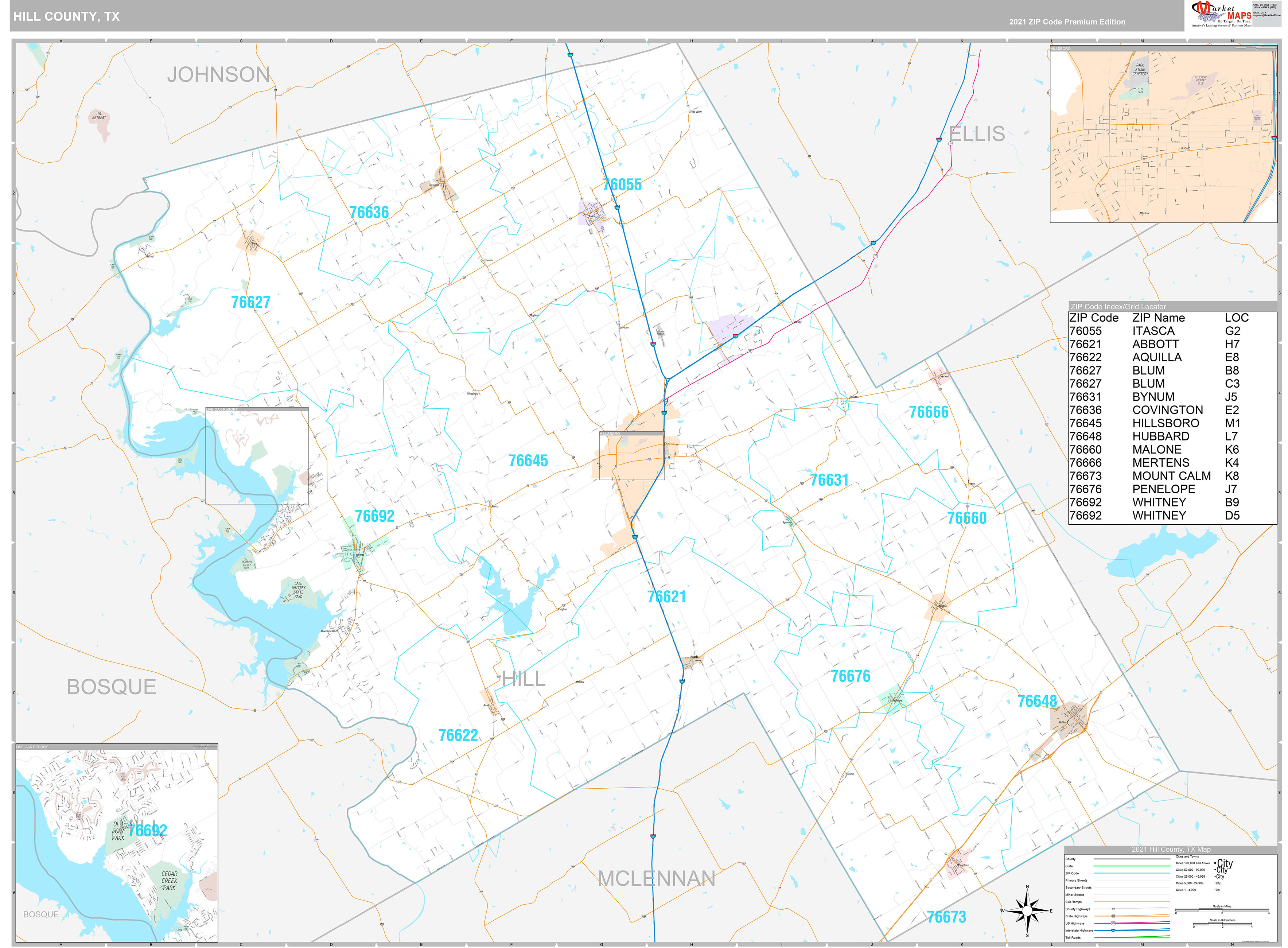 Hill County, TX Wall Map Premium Style by MarketMAPS - MapSales